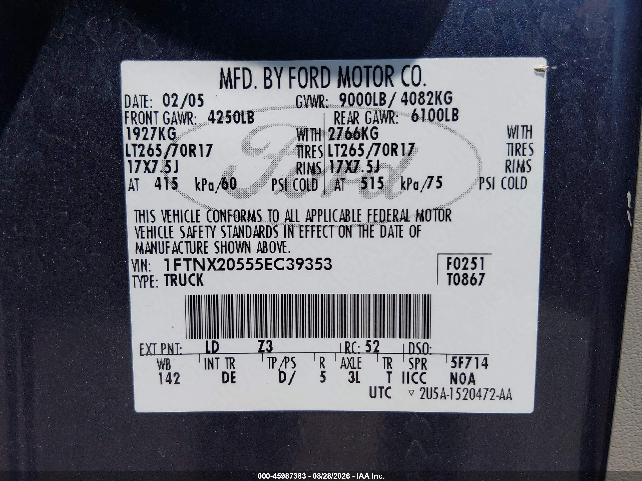 2005 Ford F-250 Lariat/xl/xlt Blue vin: 1FTNX20555EC39353