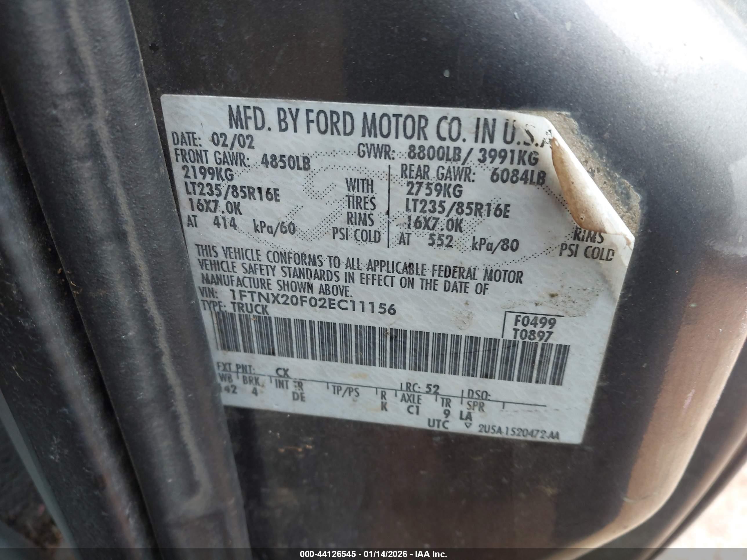 2002 Ford F-250 Lariat/xl/xlt Gray vin: 1FTNX20F02EC11156