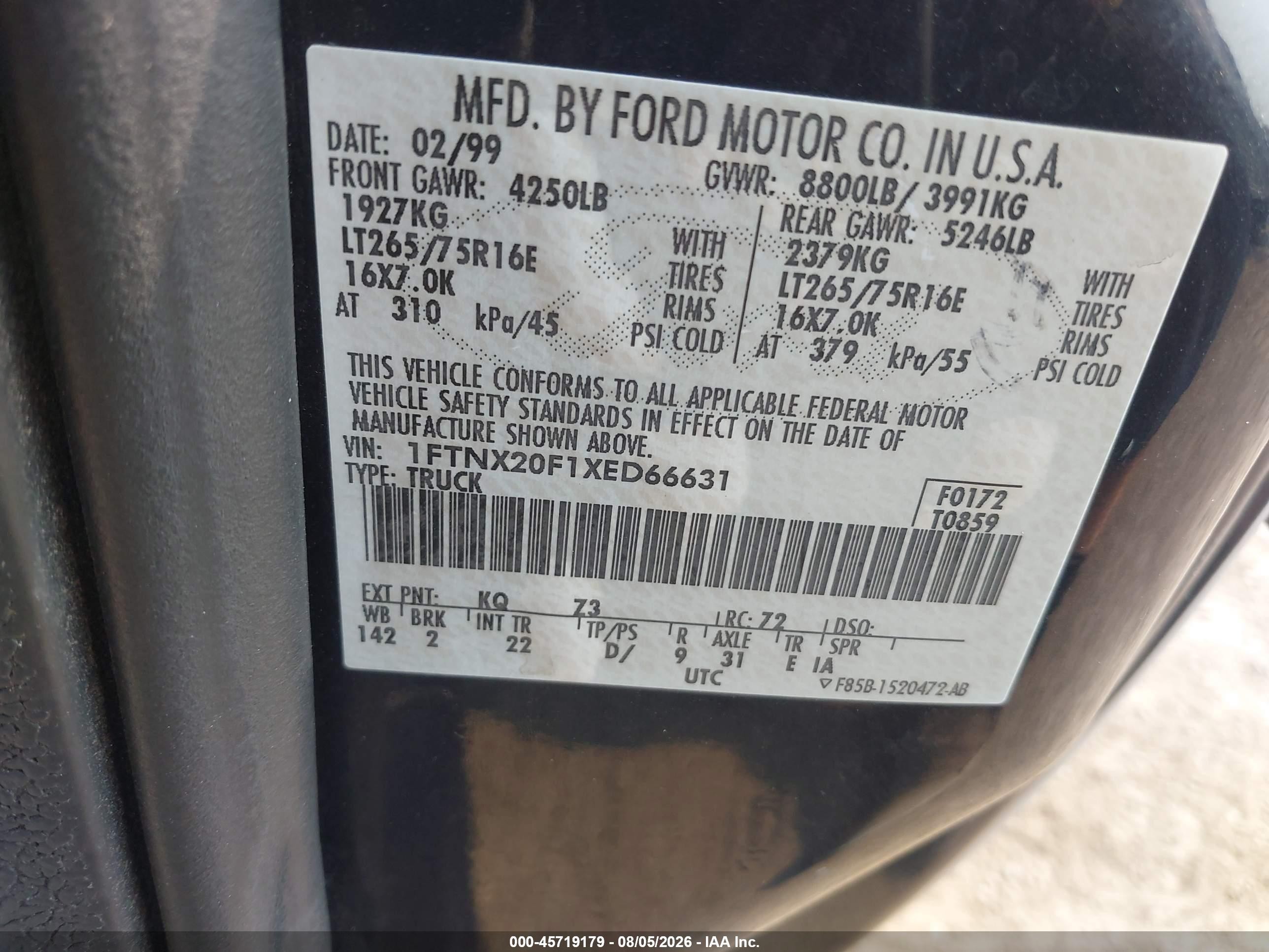 1999 Ford F-250 Lariat/xl/xlt Black vin: 1FTNX20F1XED66631
