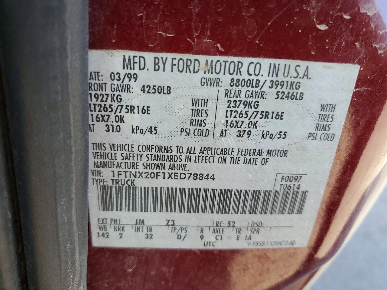 1999 Ford F250 Super Duty Burgundy vin: 1FTNX20F1XED78844