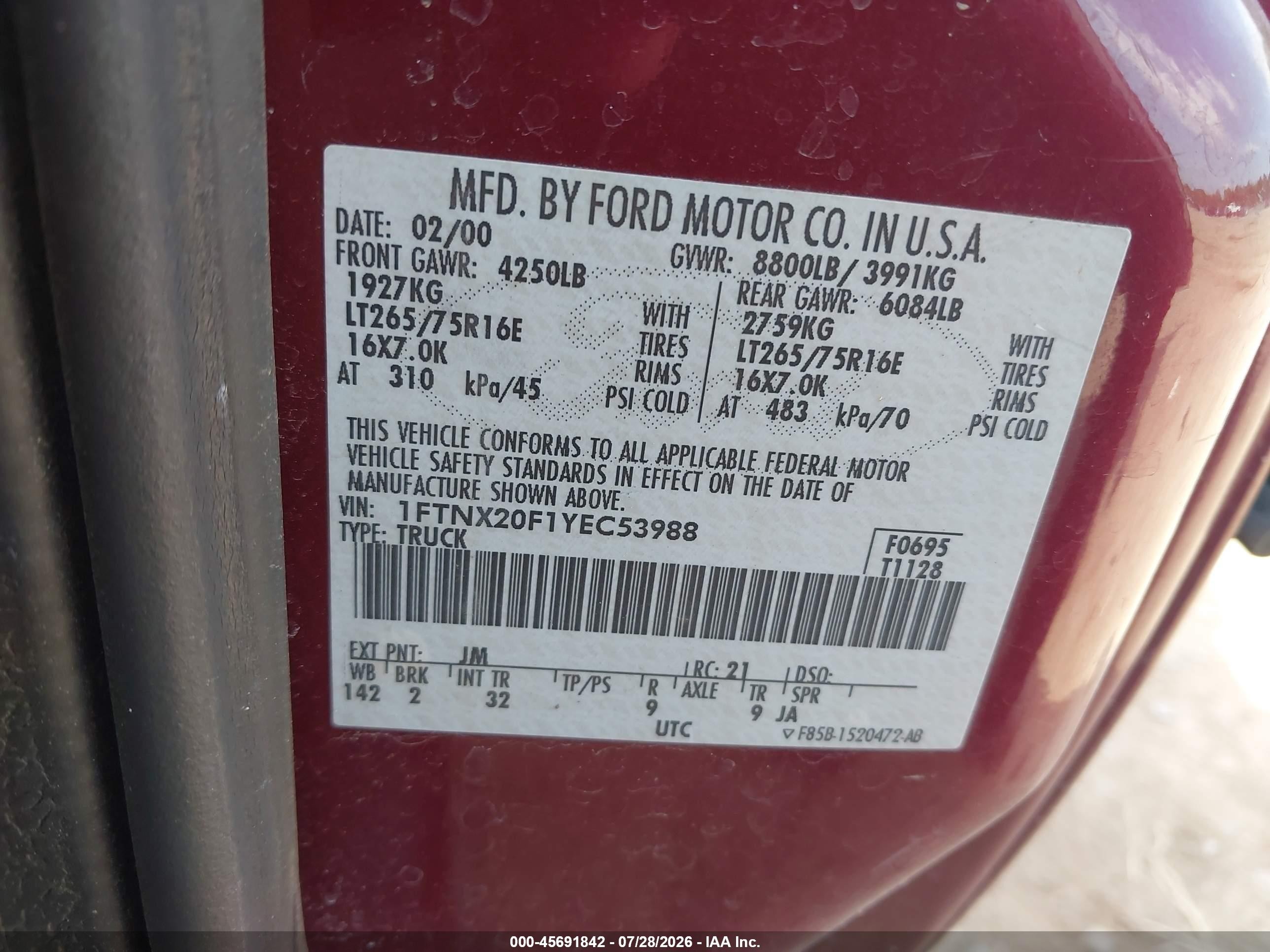 2000 Ford F-250 Lariat/xl/xlt Red vin: 1FTNX20F1YEC53988