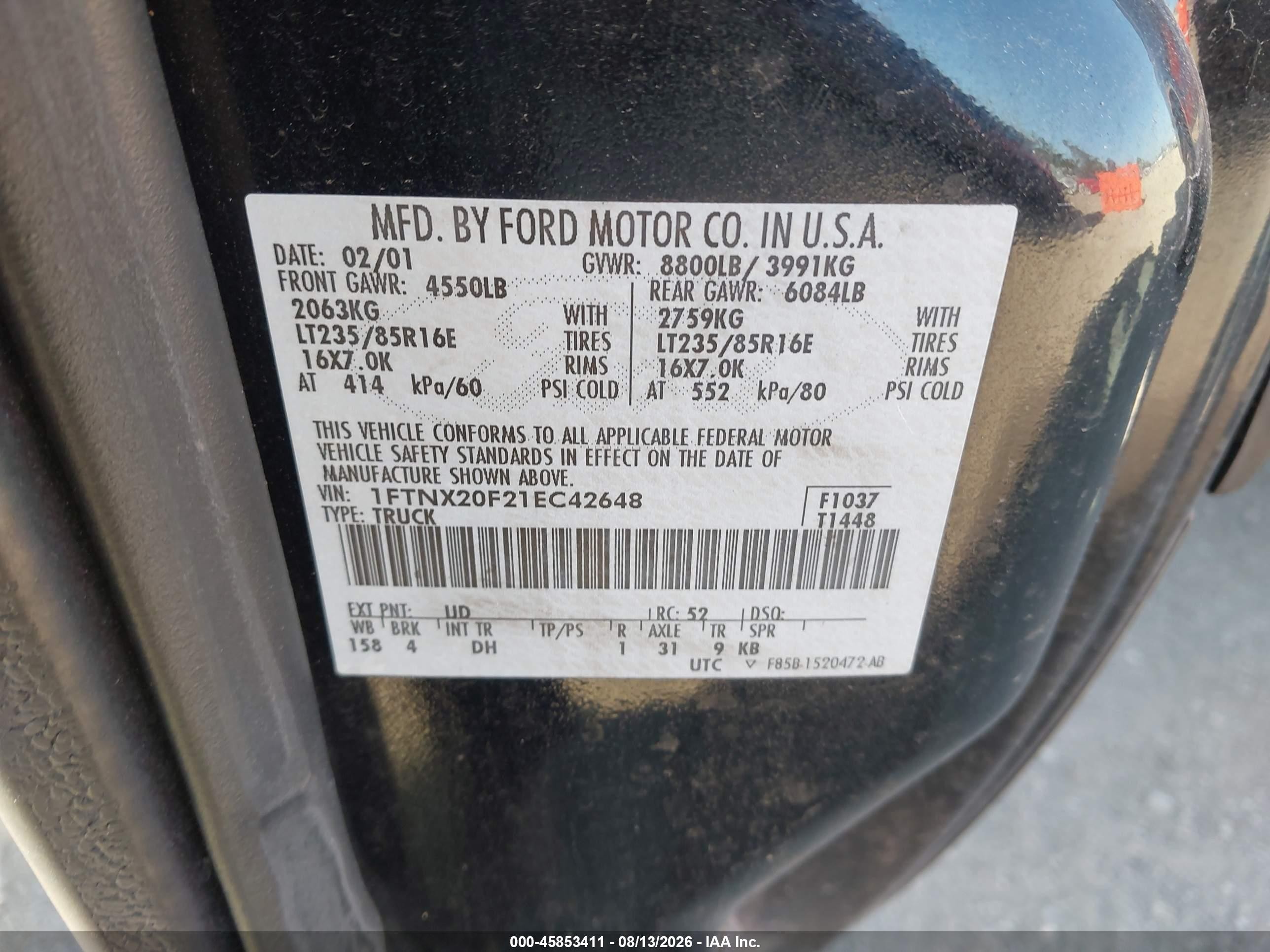 2001 Ford F-250 Lariat/xl/xlt Black vin: 1FTNX20F21EC42648