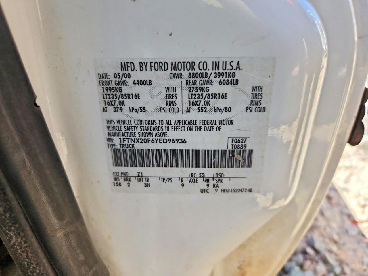 2000 Ford F250 Super Duty White vin: 1FTNX20F6YED96936