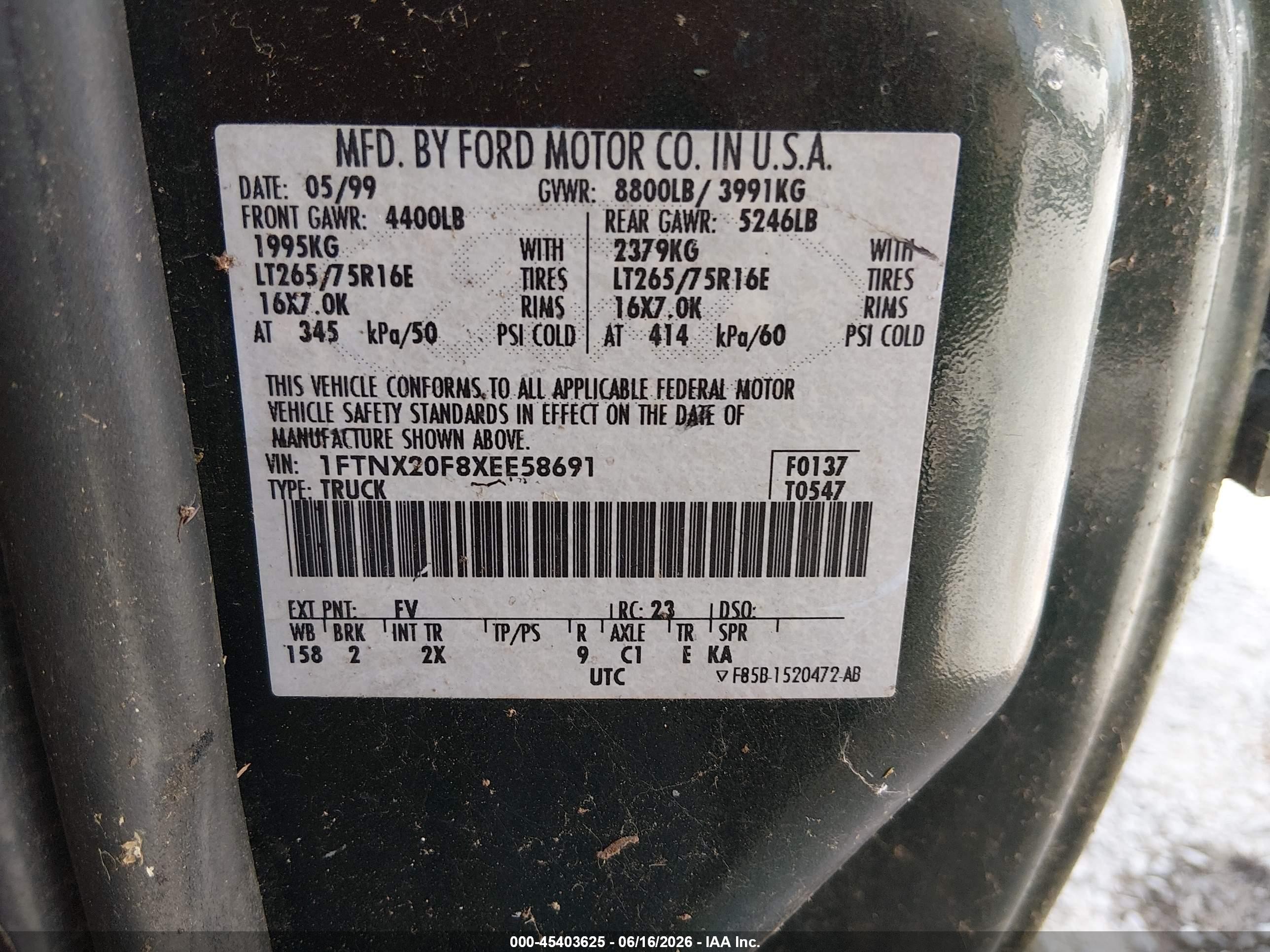 1999 Ford F-250 Lariat/xl/xlt Green vin: 1FTNX20F8XEE58691