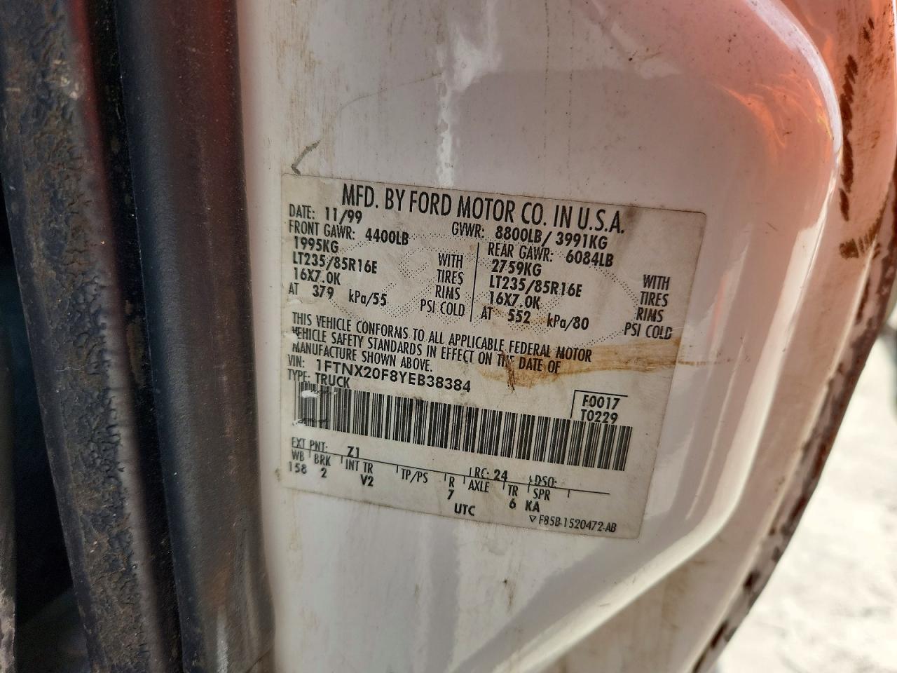 2000 Ford F250 Super Duty White vin: 1FTNX20F8YEB38384