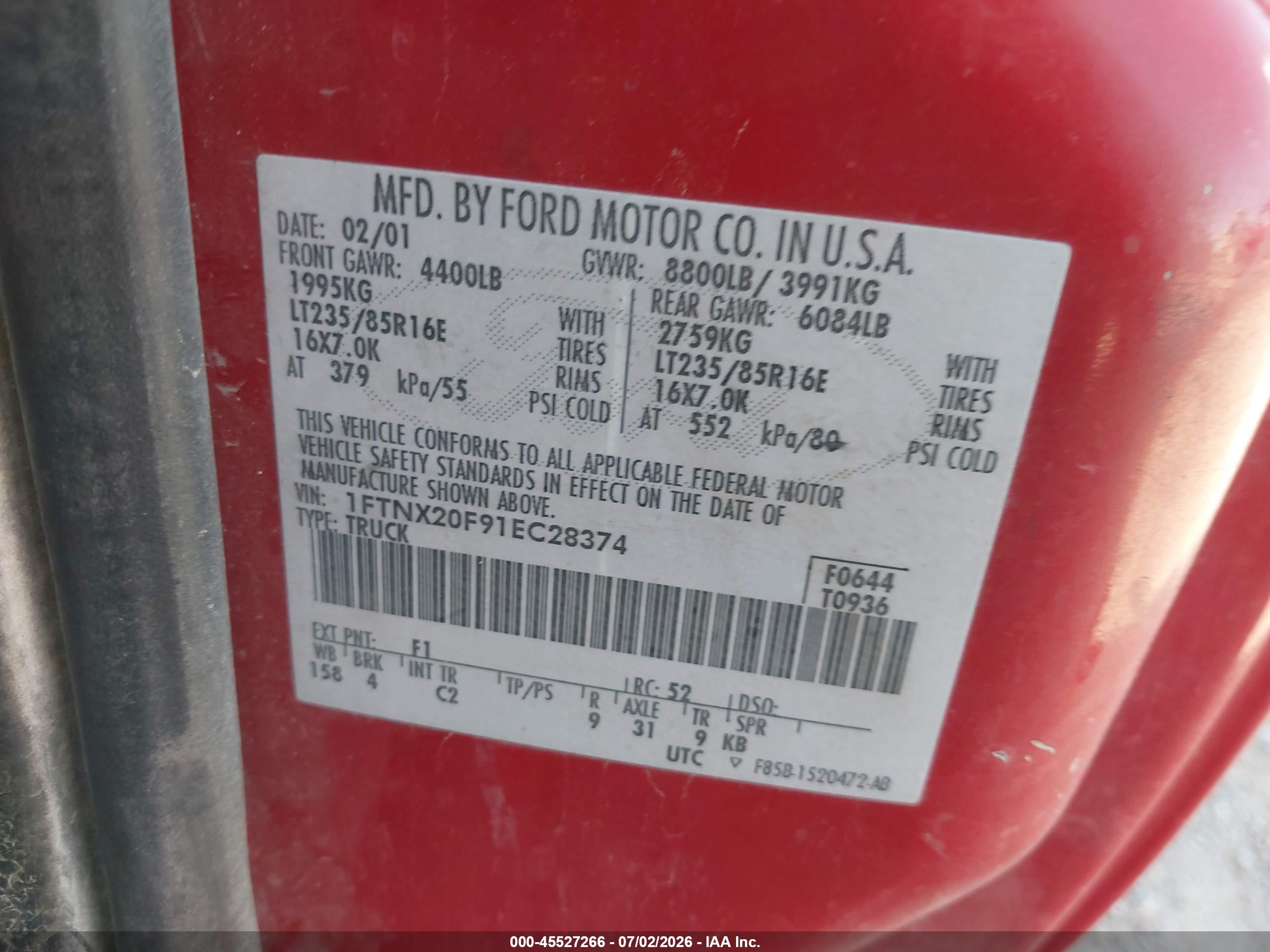 2001 Ford F-250 Lariat/xl/xlt Red vin: 1FTNX20F91EC28374