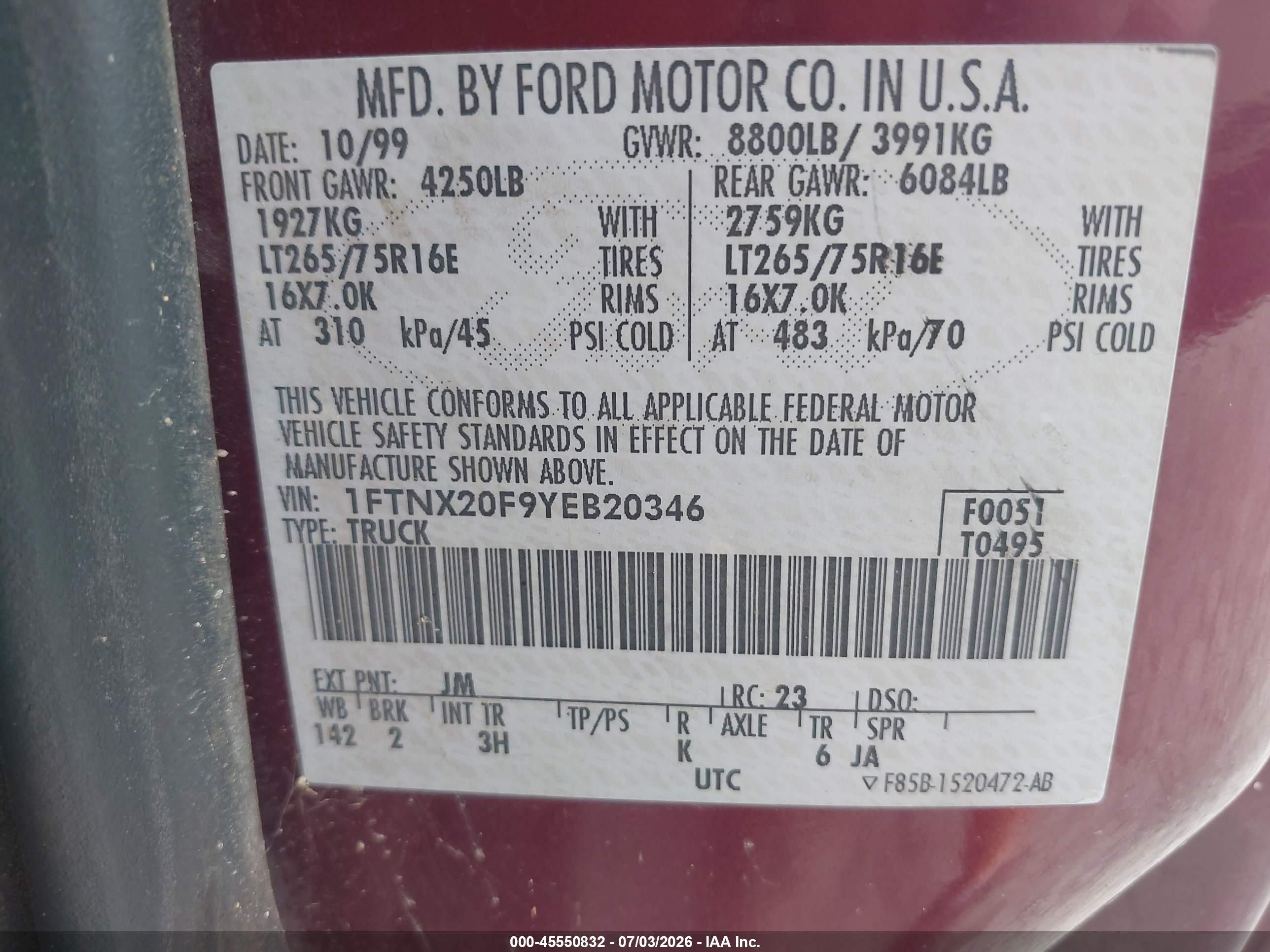 2000 Ford F-250 Lariat/xl/xlt Maroon vin: 1FTNX20F9YEB20346