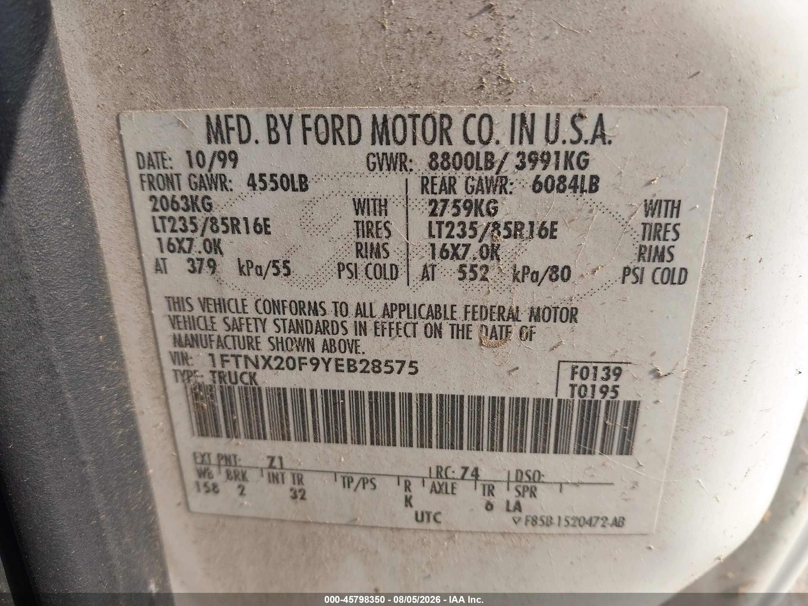 2000 Ford F-250 Lariat/xl/xlt White vin: 1FTNX20F9YEB28575