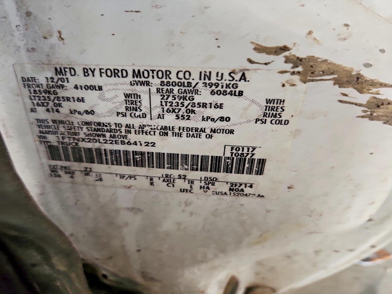 2002 Ford F250 Super Duty White vin: 1FTNX20L22EB64122