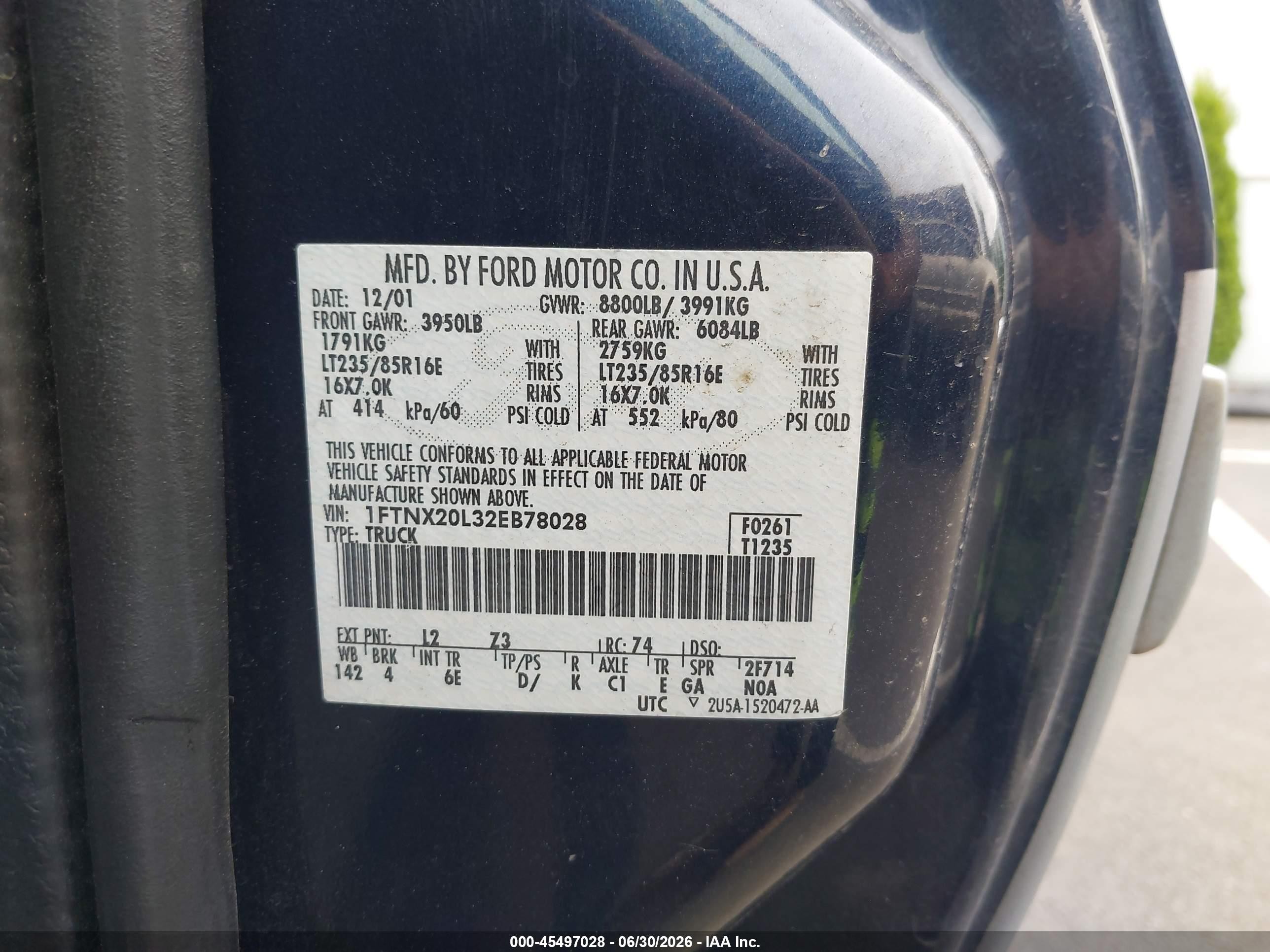 2002 Ford F-250 Lariat/xl/xlt Dark Blue vin: 1FTNX20L32EB78028