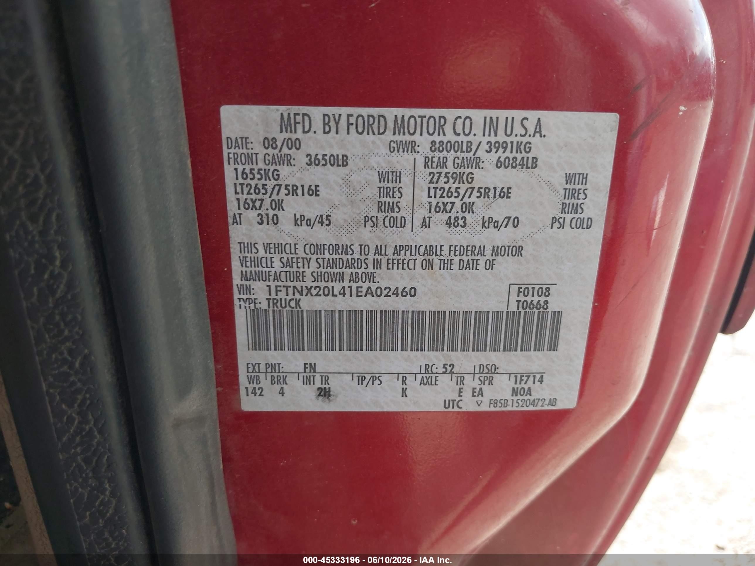 2001 Ford F-250 Lariat/xl/xlt Red vin: 1FTNX20L41EA02460