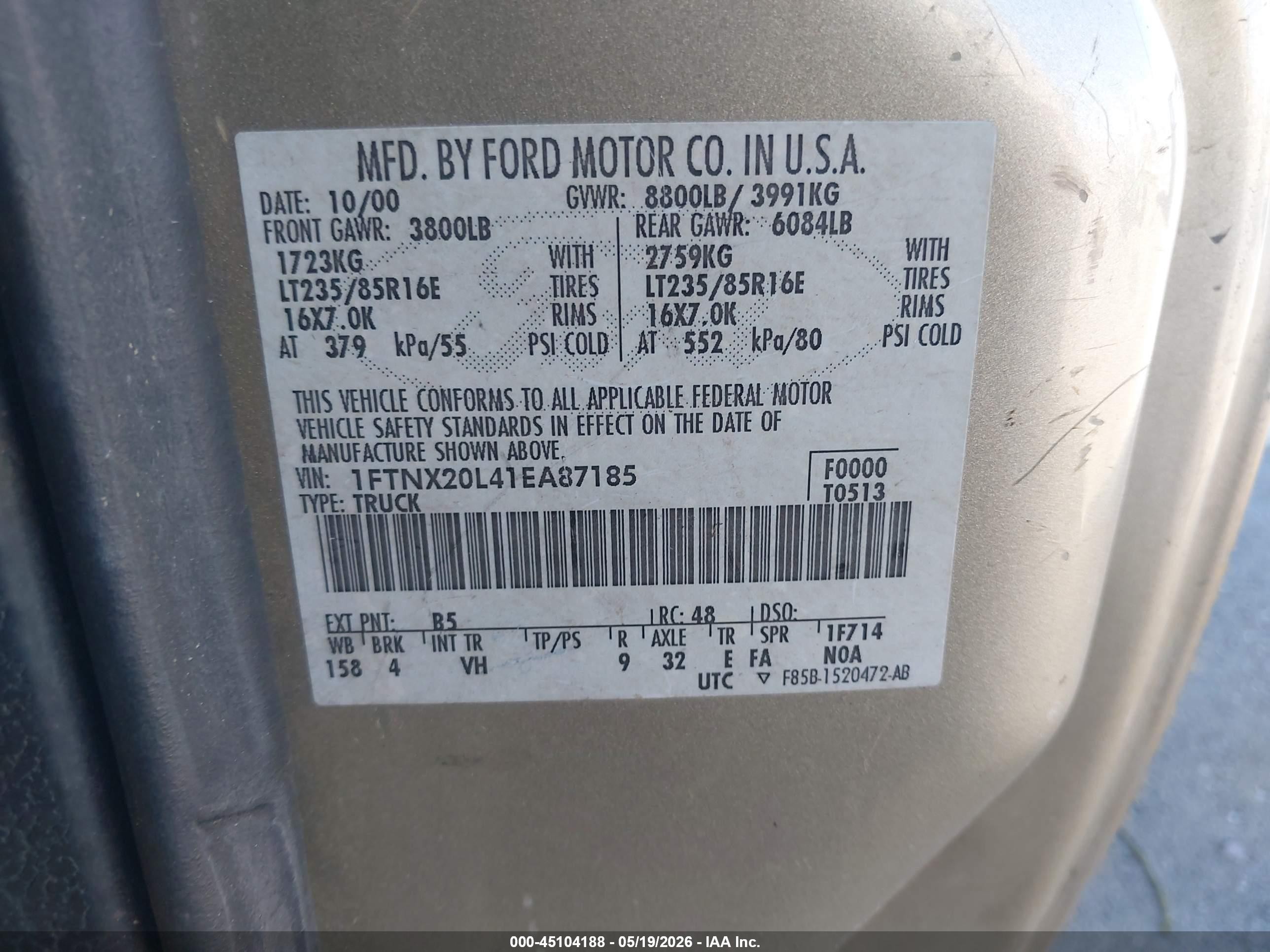 2001 Ford F-250 Lariat/xl/xlt Желто-коричневый vin: 1FTNX20L41EA87185