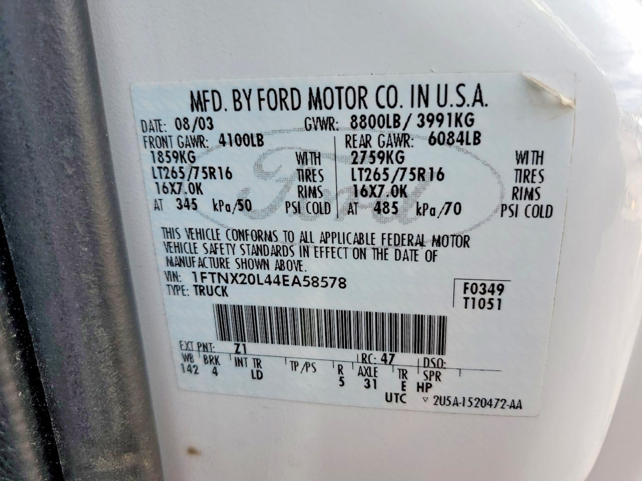2004 Ford F250 Super Duty Белый vin: 1FTNX20L44EA58578