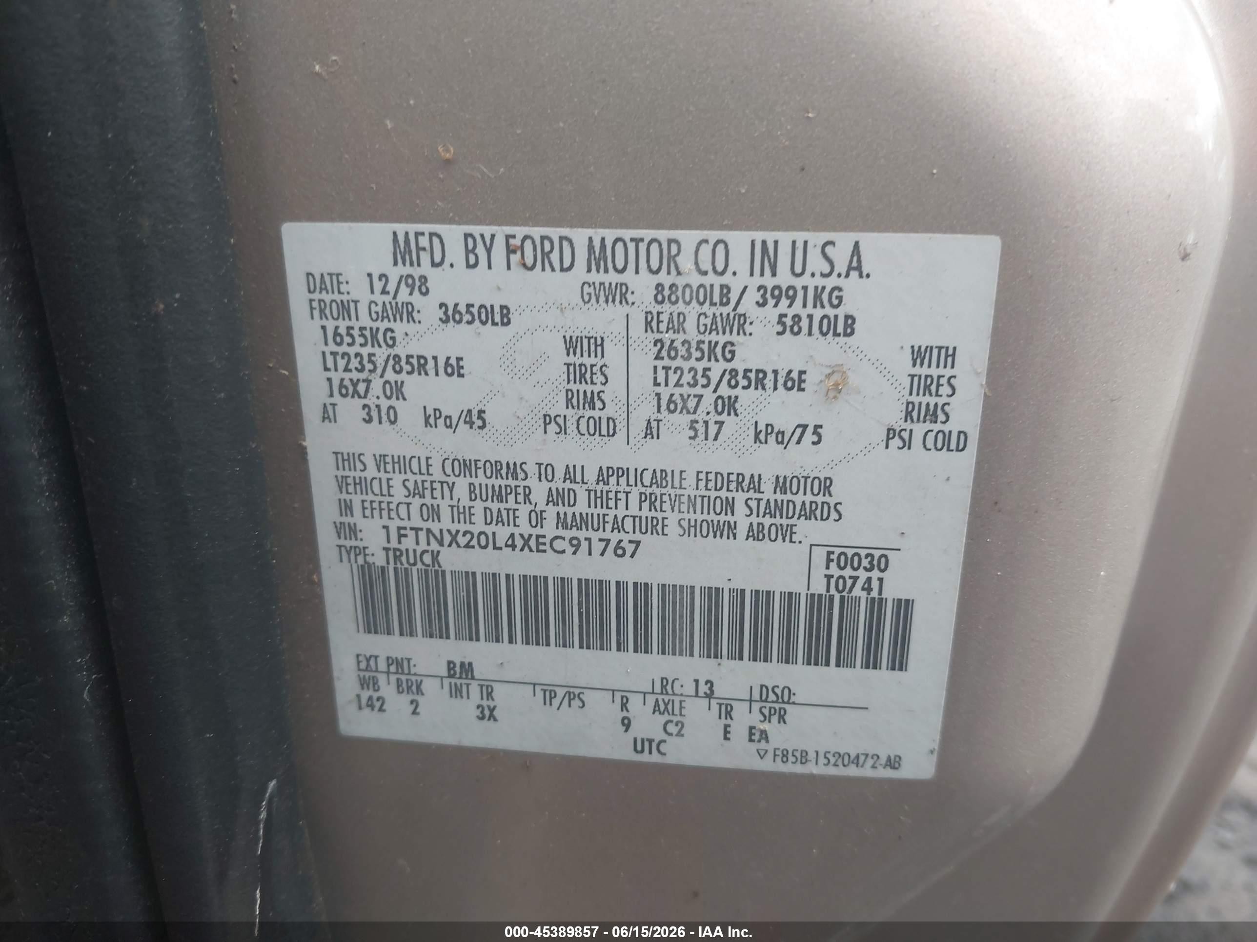 1999 Ford F-250 Lariat/xl/xlt Gold vin: 1FTNX20L4XEC91767
