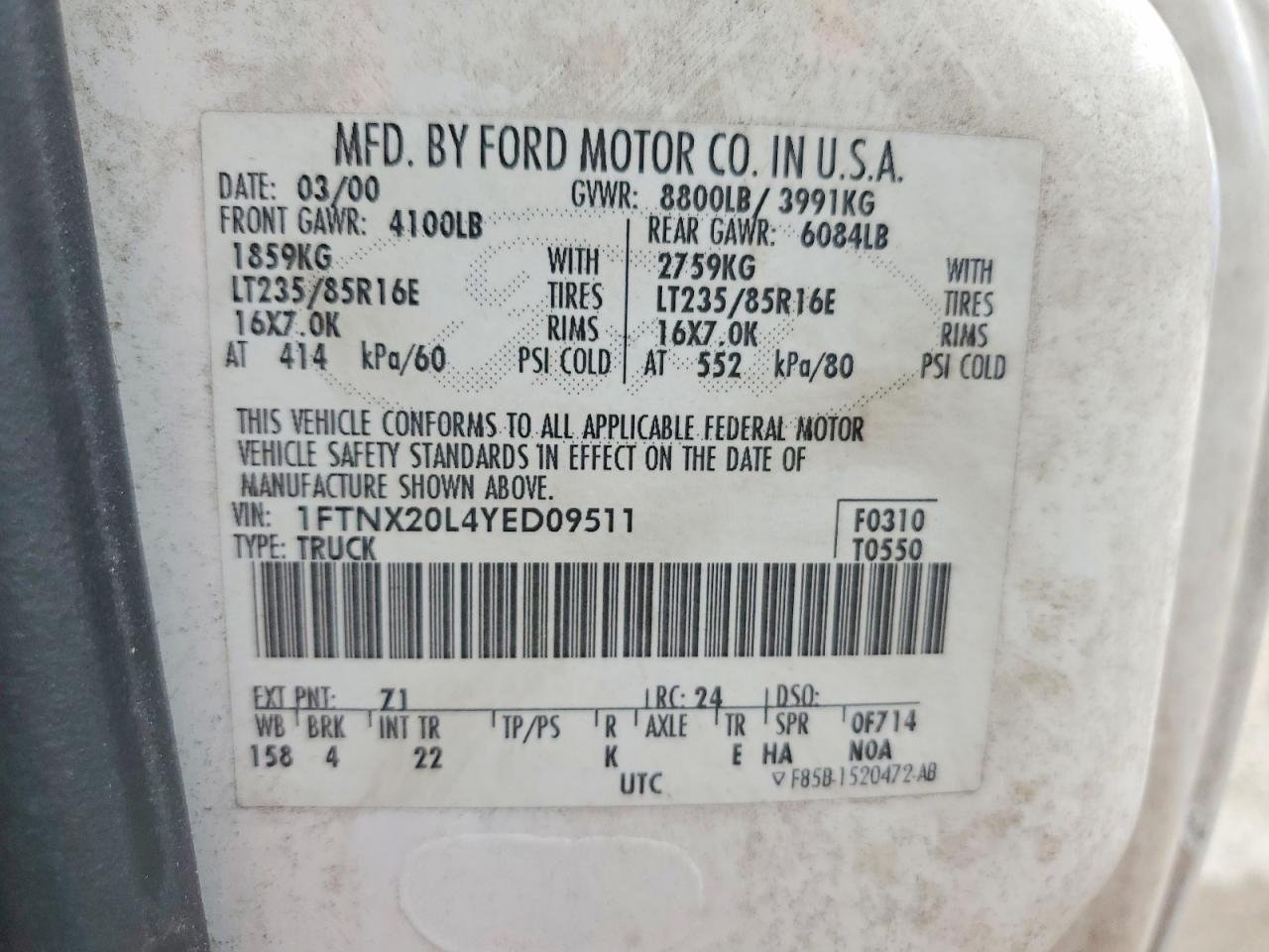 2000 Ford F250 Super Duty White vin: 1FTNX20L4YED09511