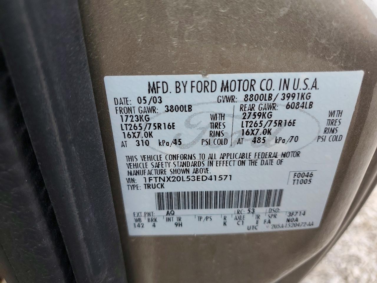 2003 Ford F250 Super Duty Tan vin: 1FTNX20L53ED41571