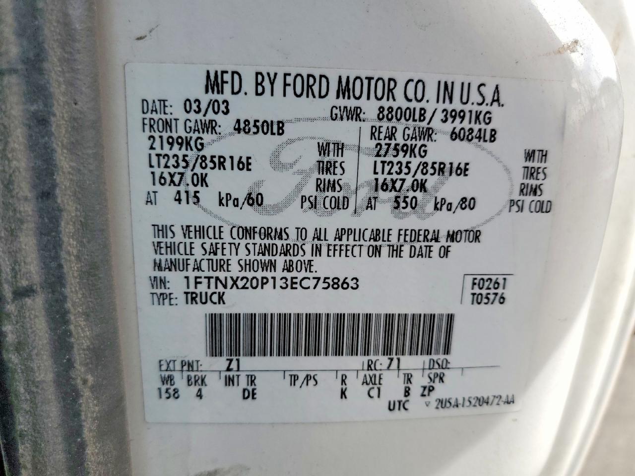 2003 Ford F250 Super Duty White vin: 1FTNX20P13EC75863