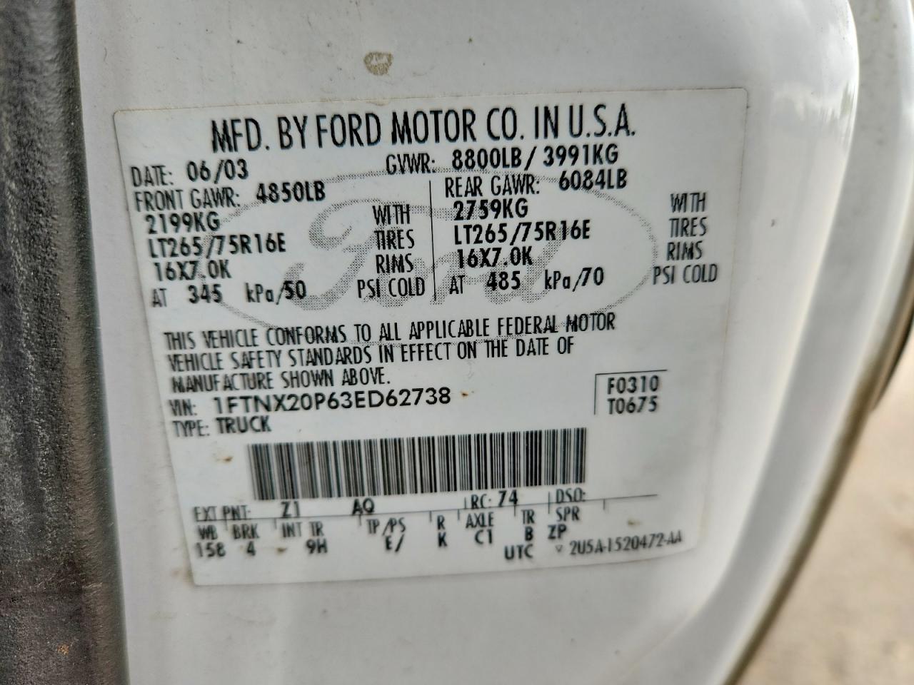 2003 Ford F250 Super Duty White vin: 1FTNX20P63ED62738