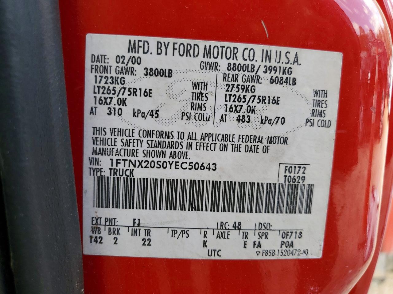 2000 Ford F250 Super Duty Red vin: 1FTNX20S0YEC50643