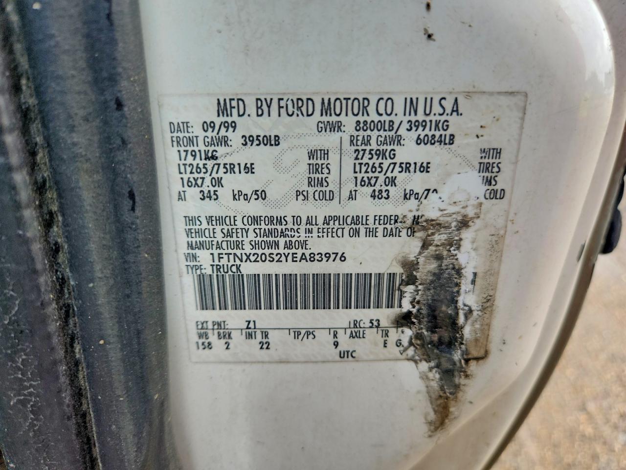 2000 Ford F250 Super Duty White vin: 1FTNX20S2YEA83976