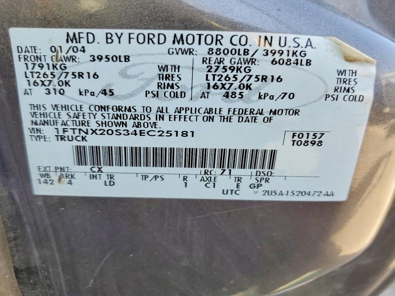 2004 Ford F250 Super Duty Угольный vin: 1FTNX20S34EC25181