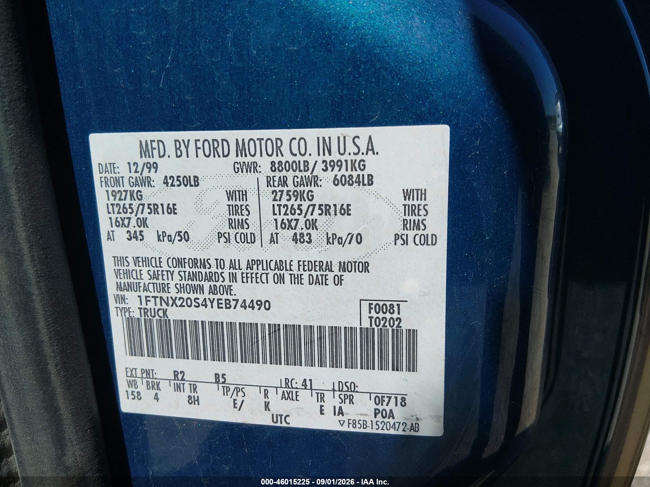 2000 Ford F-250   Blue vin: 1FTNX20S4YEB74490