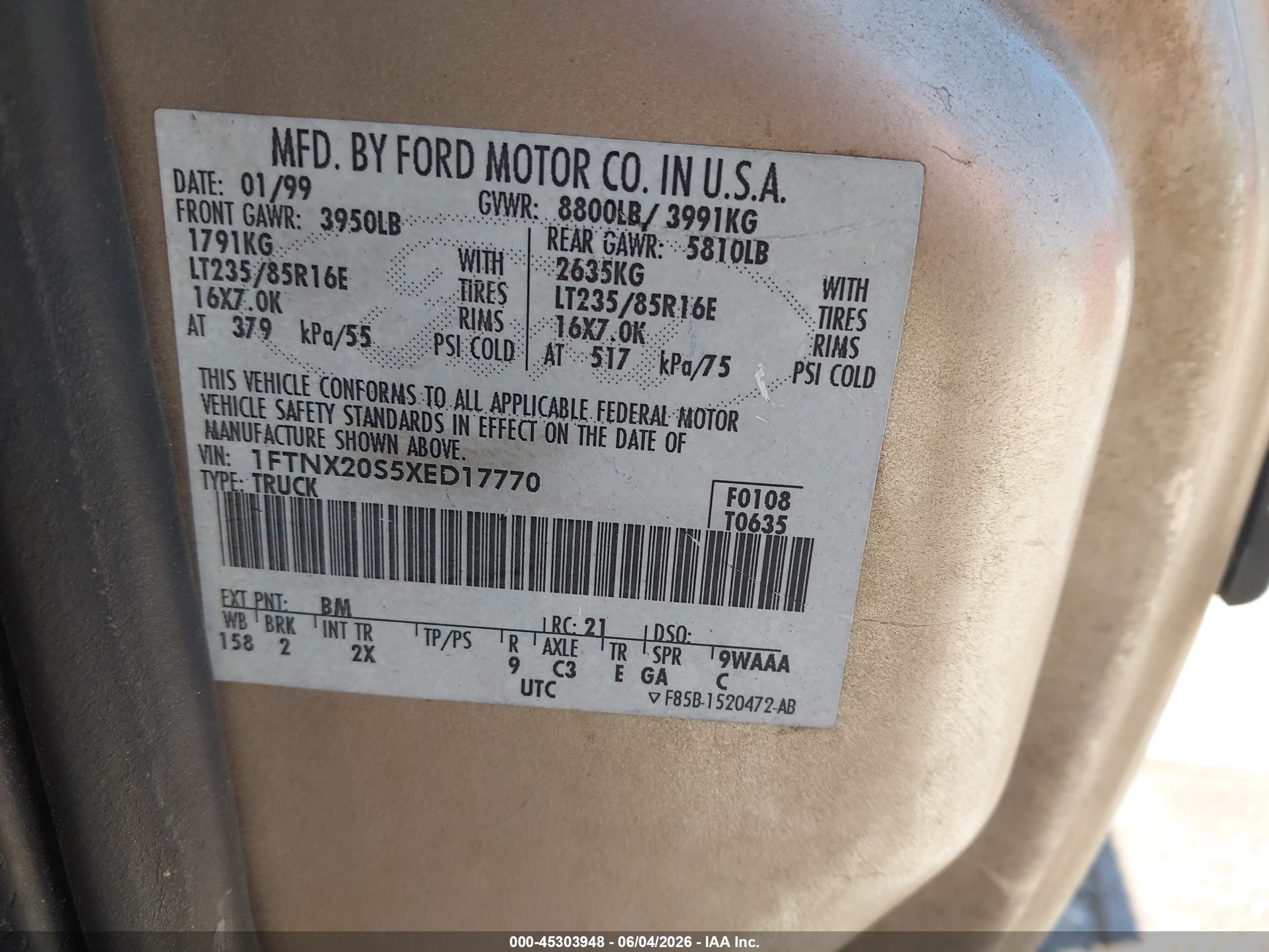 1999 Ford F-250 Lariat/xl/xlt Champagne vin: 1FTNX20S5XED17770
