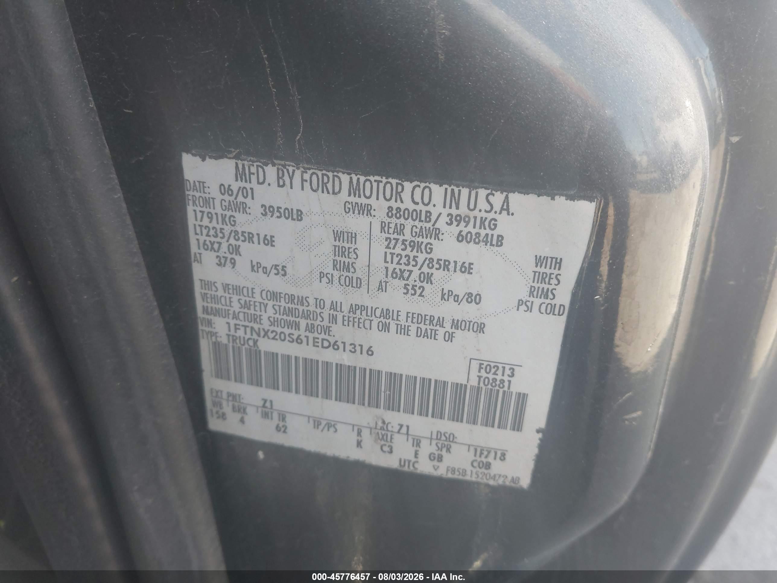 2001 Ford F-250 Lariat/xl/xlt Black vin: 1FTNX20S61ED61316
