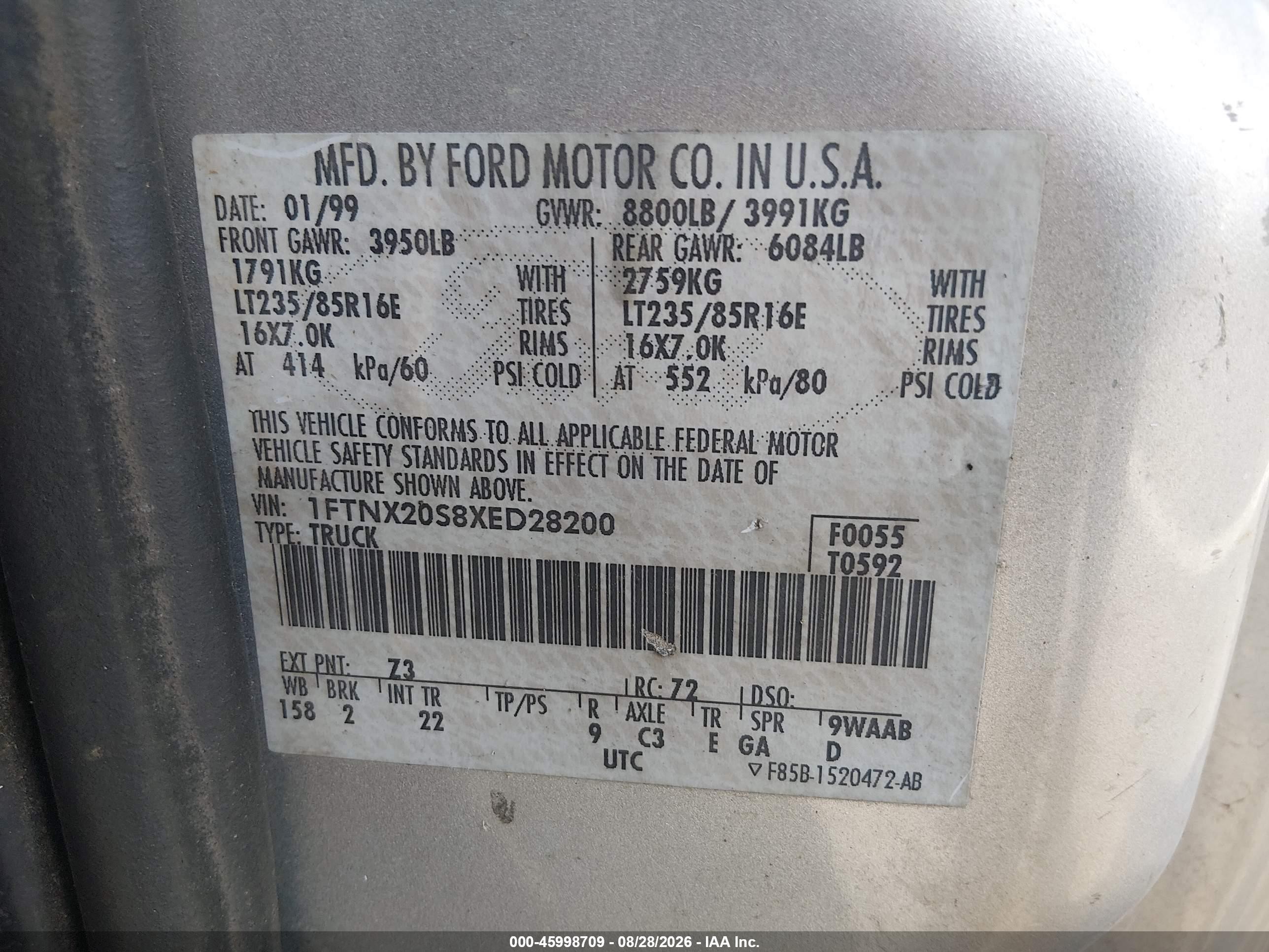 1999 Ford F-250 Lariat/xl/xlt Silver vin: 1FTNX20S8XED28200