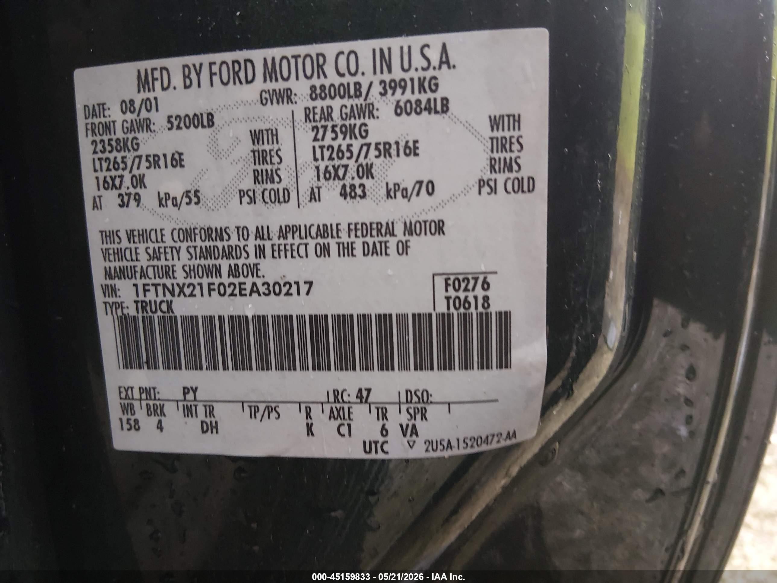2002 Ford F-250 Lariat/xl/xlt Зеленый vin: 1FTNX21F02EA30217