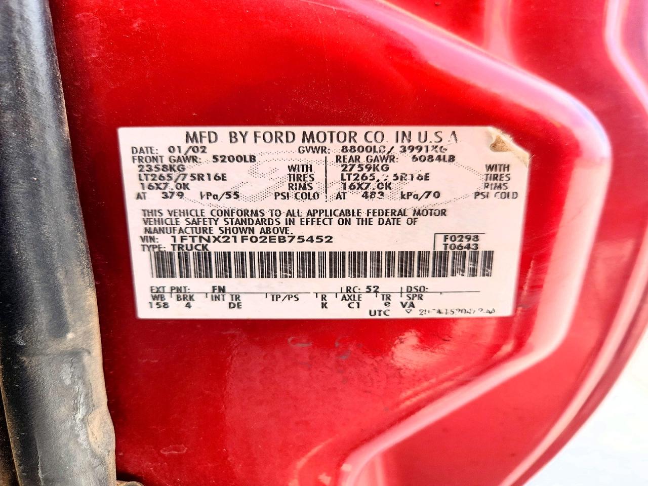 2002 Ford F250 Super Duty Red vin: 1FTNX21F02EB75452