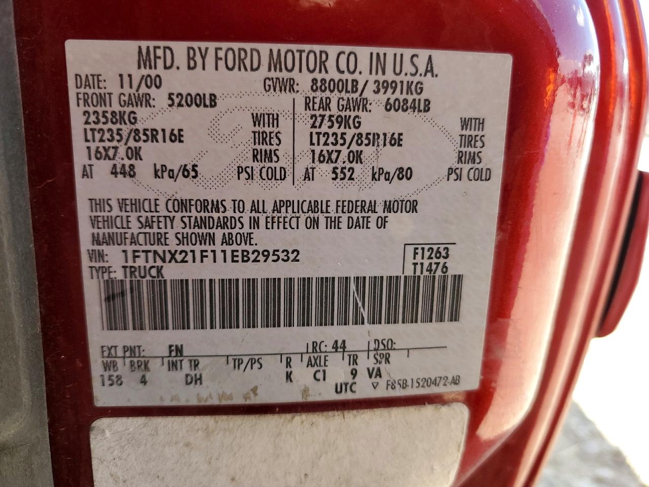 2001 Ford F250 Super Duty Maroon vin: 1FTNX21F11EB29532