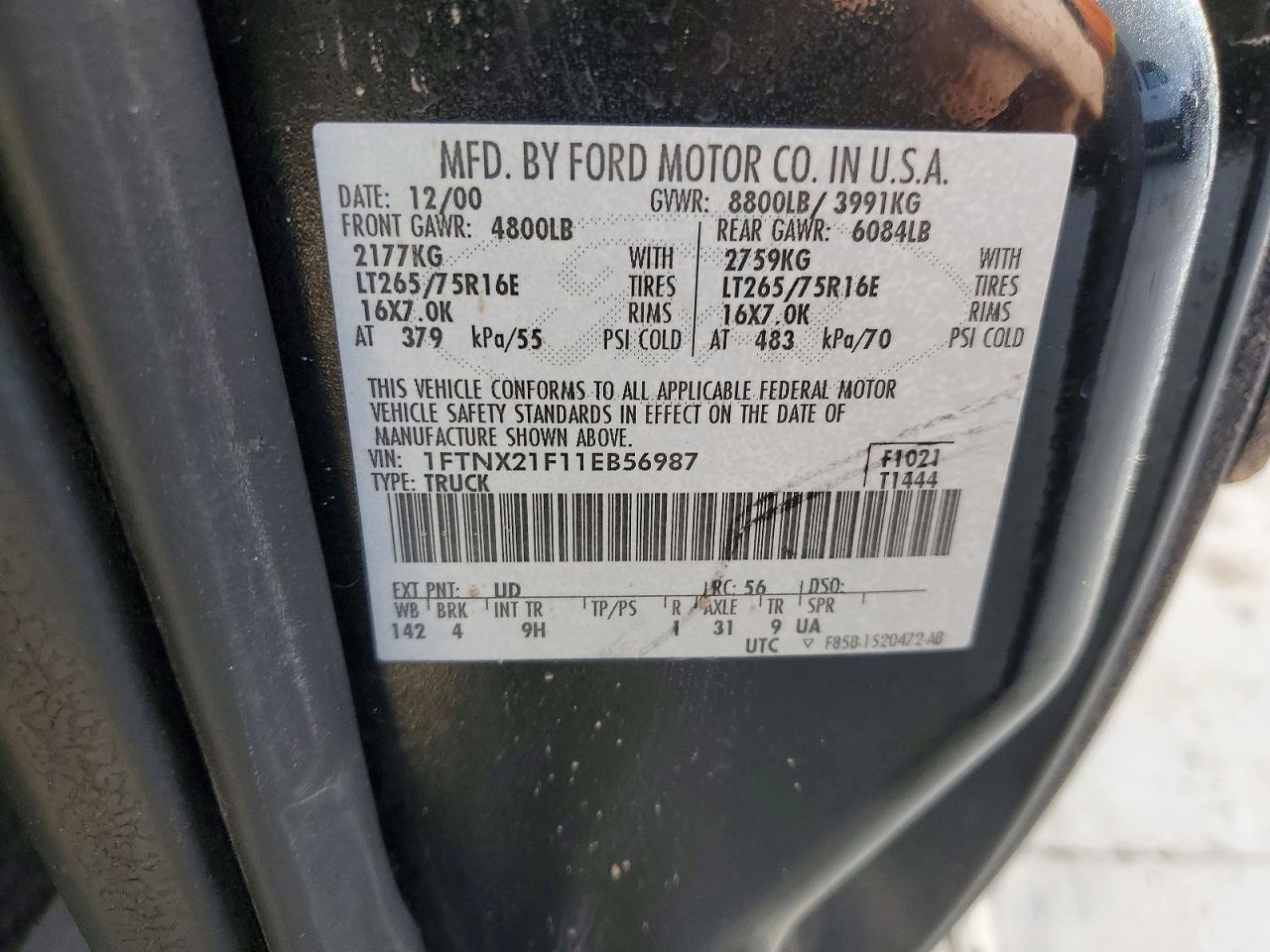 2001 Ford F250 Super Duty Black vin: 1FTNX21F11EB56987