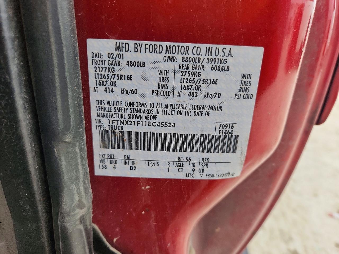 2001 Ford F250 Super Duty Red vin: 1FTNX21F11EC45524