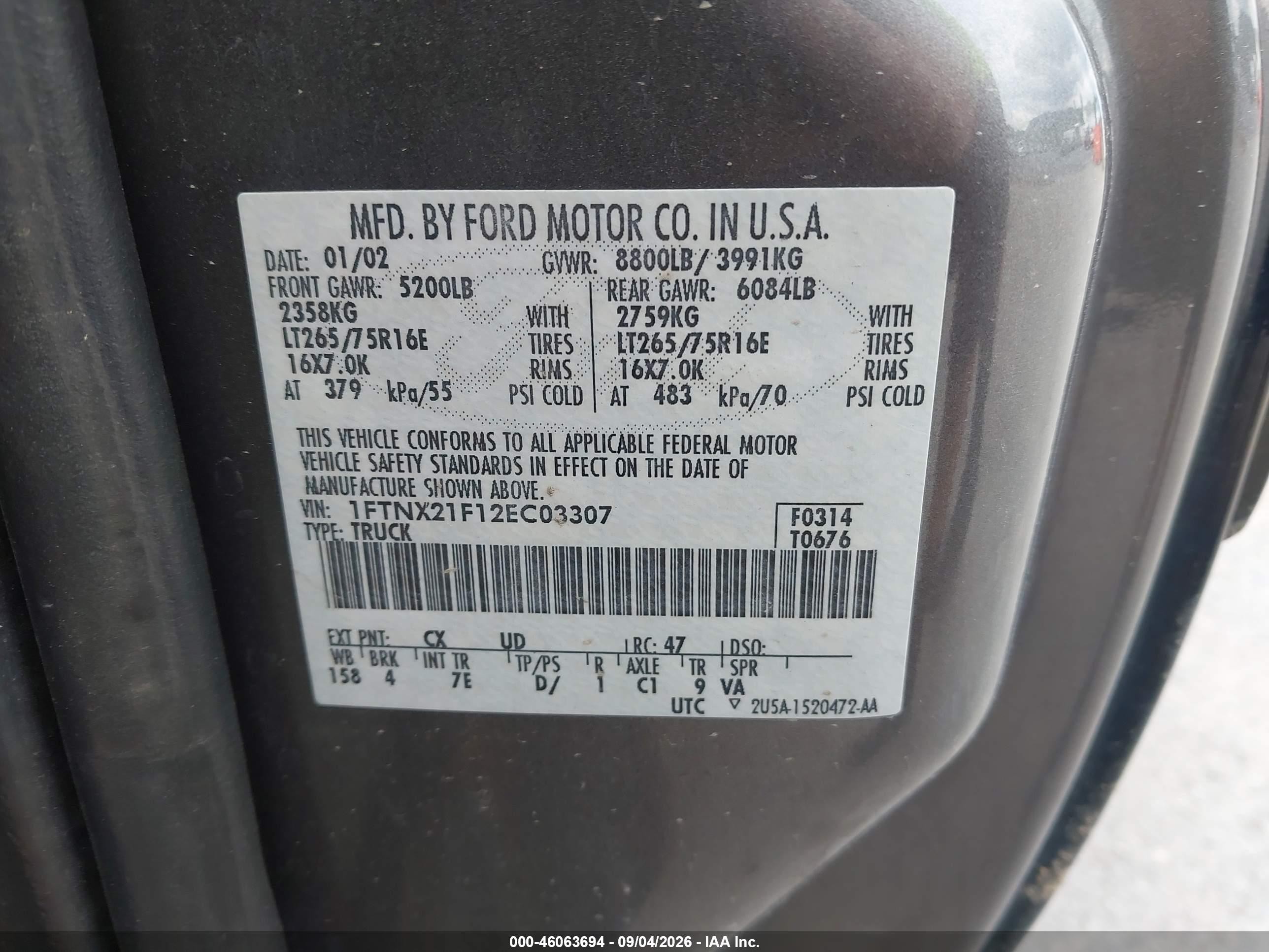 2002 Ford F-250 Lariat/xl/xlt Gray vin: 1FTNX21F12EC03307