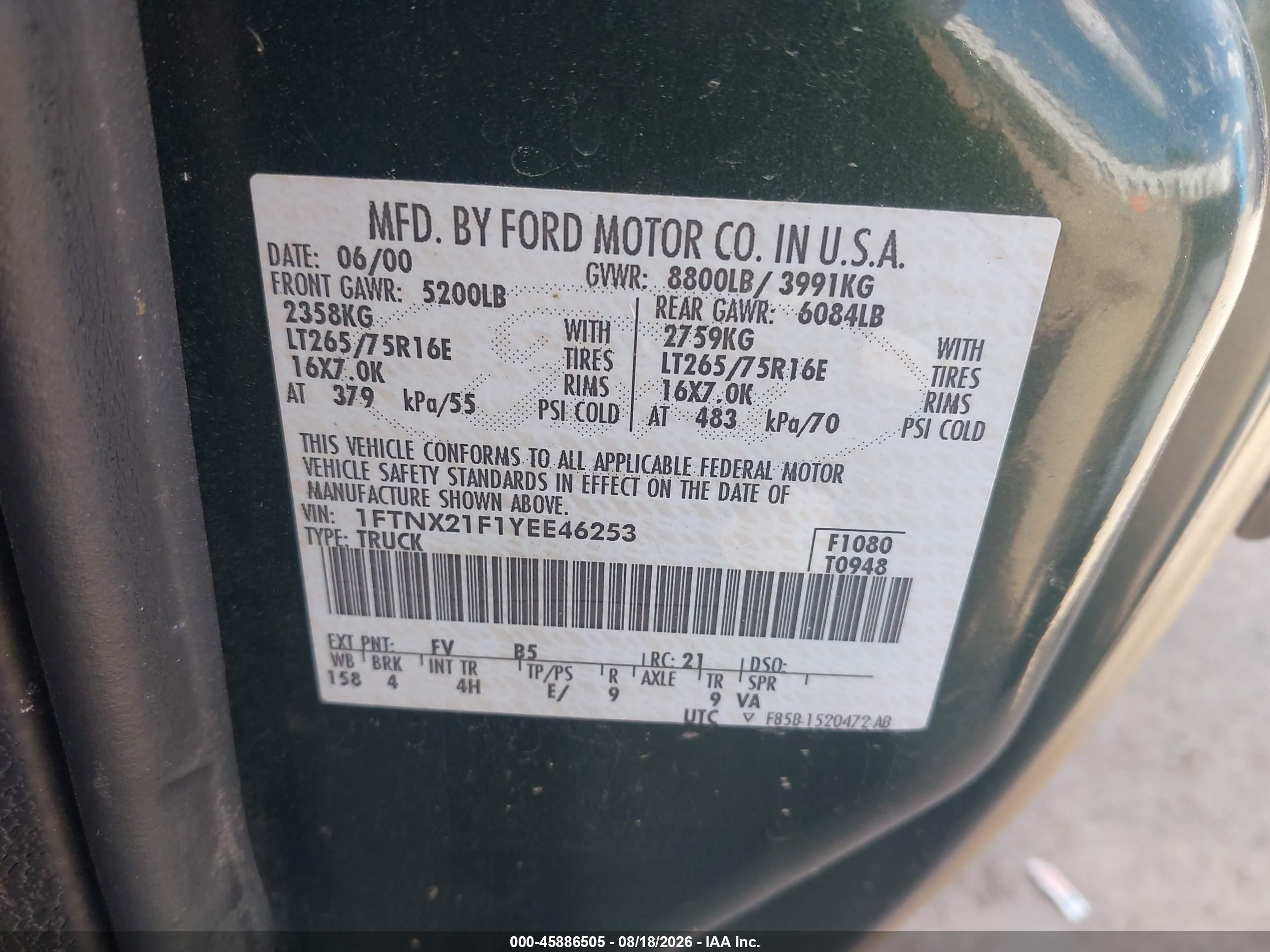 2000 Ford F-250 Lariat/xl/xlt Green vin: 1FTNX21F1YEE46253
