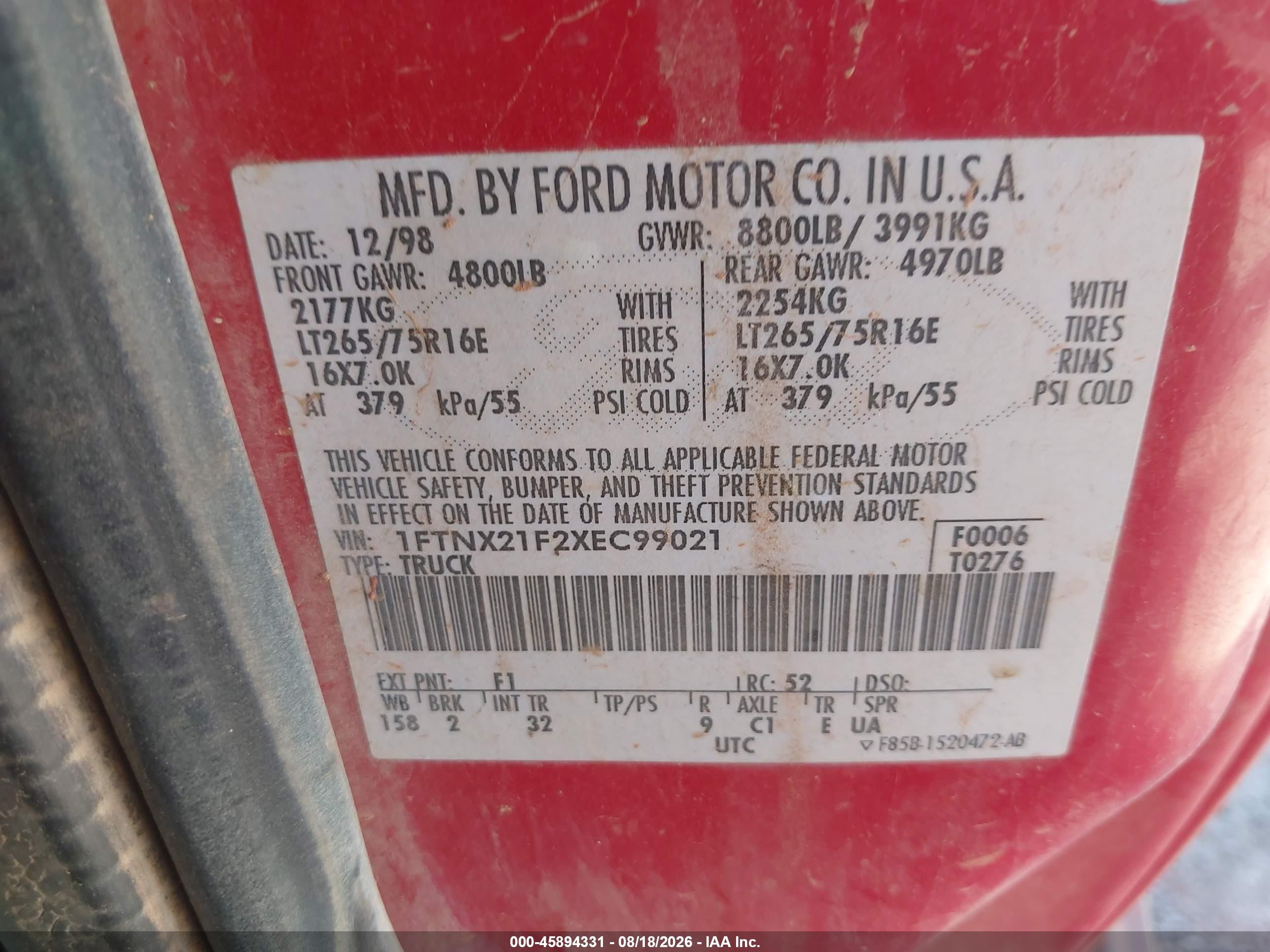 1999 Ford F-250 Lariat/xl/xlt Red vin: 1FTNX21F2XEC99021