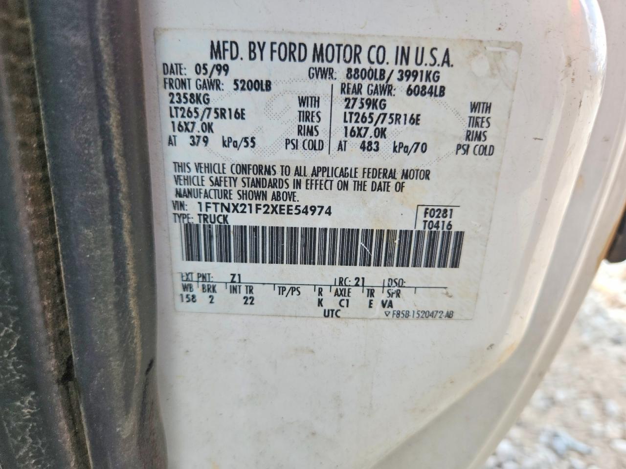1999 Ford F250 Super Duty White vin: 1FTNX21F2XEE54974