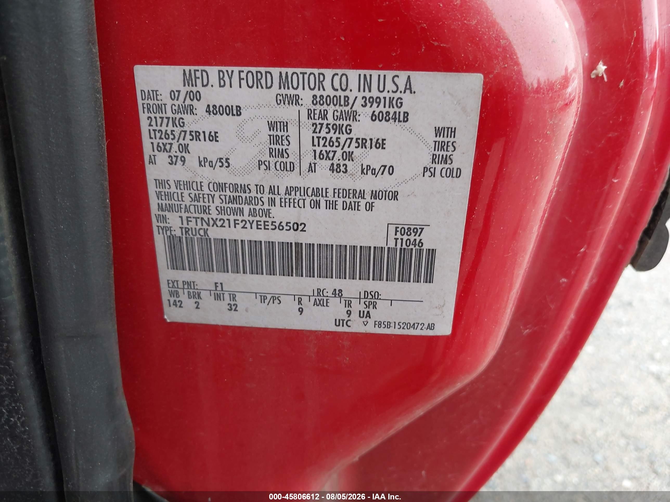 2000 Ford F-250 Lariat/xl/xlt Red vin: 1FTNX21F2YEE56502
