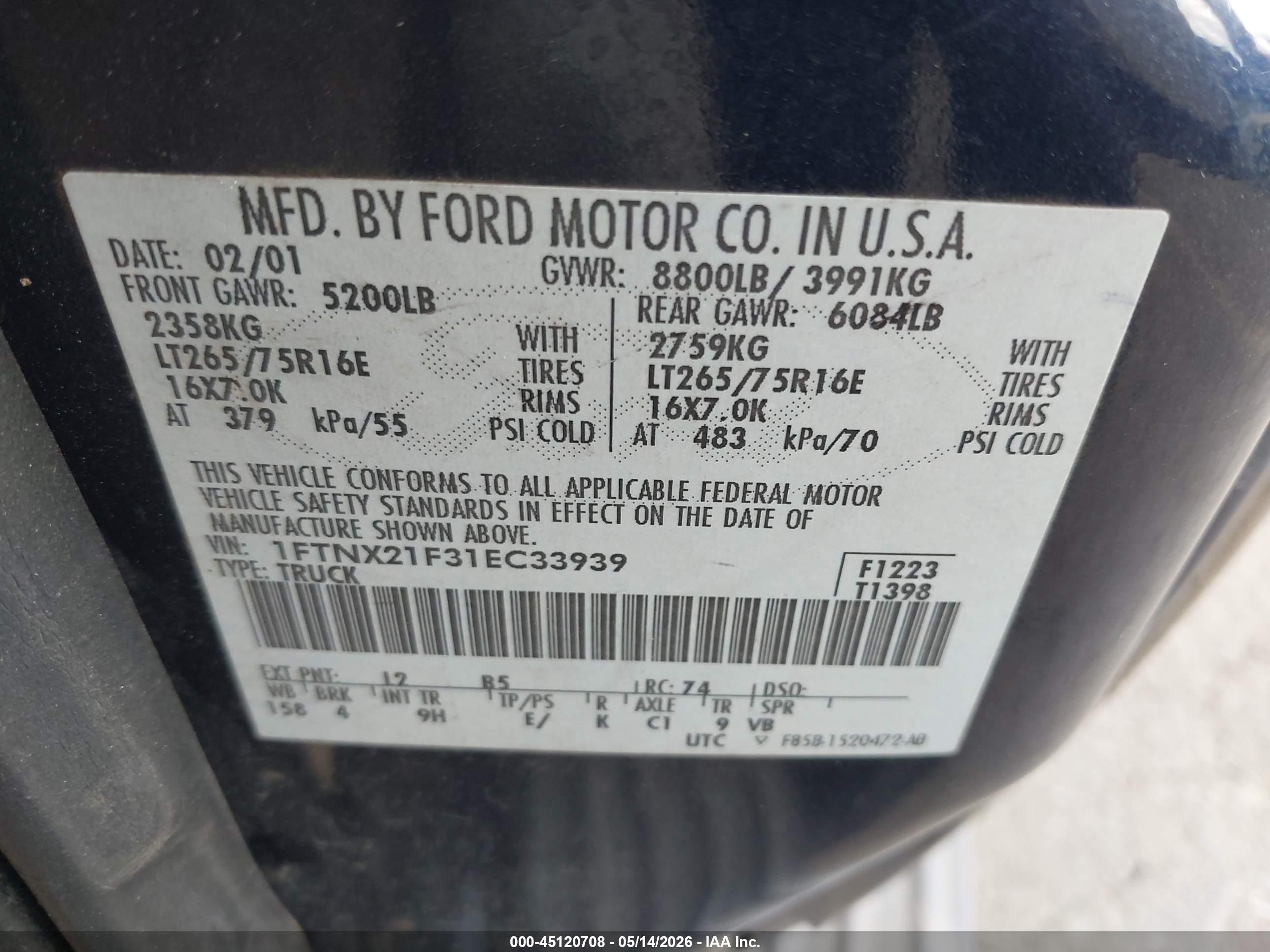 2001 Ford F-250 Lariat/xl/xlt Dark Blue vin: 1FTNX21F31EC33939