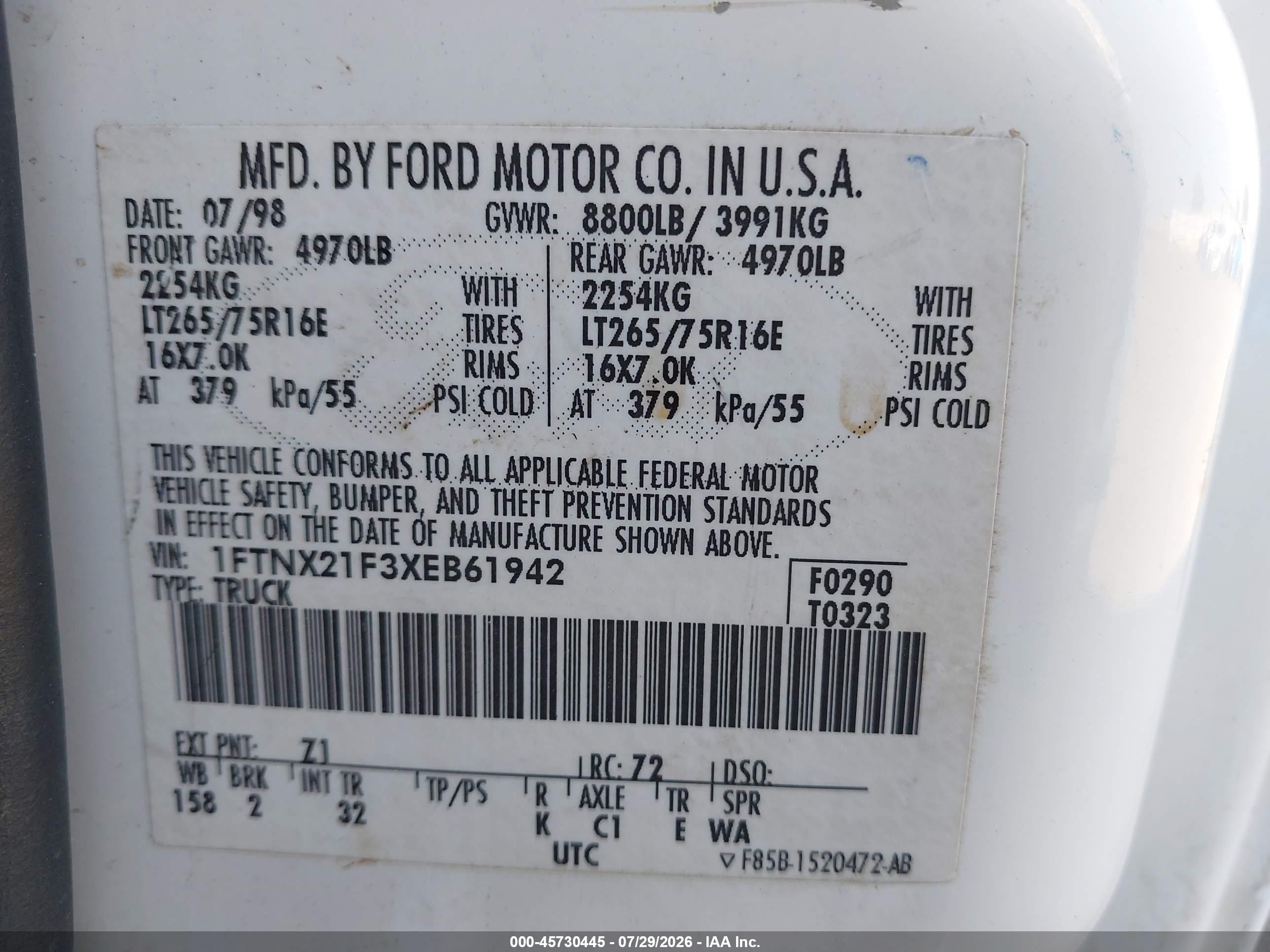 1999 Ford F-250 Lariat/xl/xlt White vin: 1FTNX21F3XEB61942