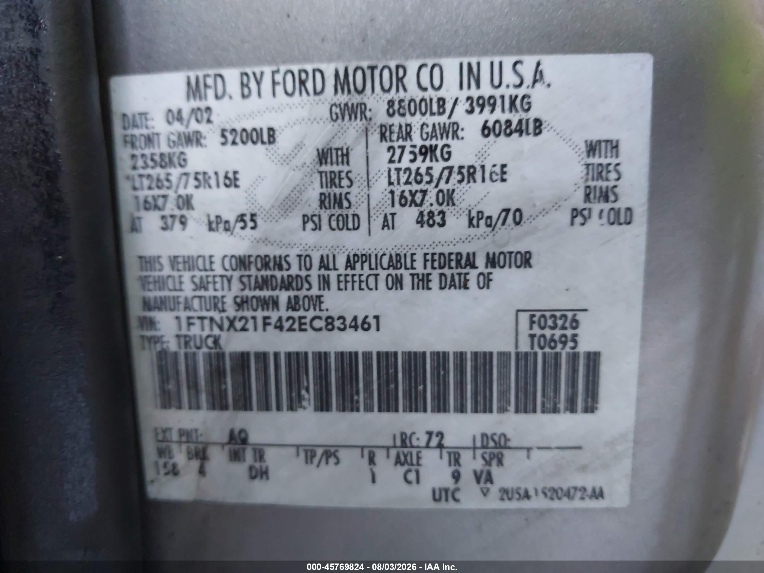 2002 Ford F-250 Lariat/xl/xlt Tan vin: 1FTNX21F42EC83461