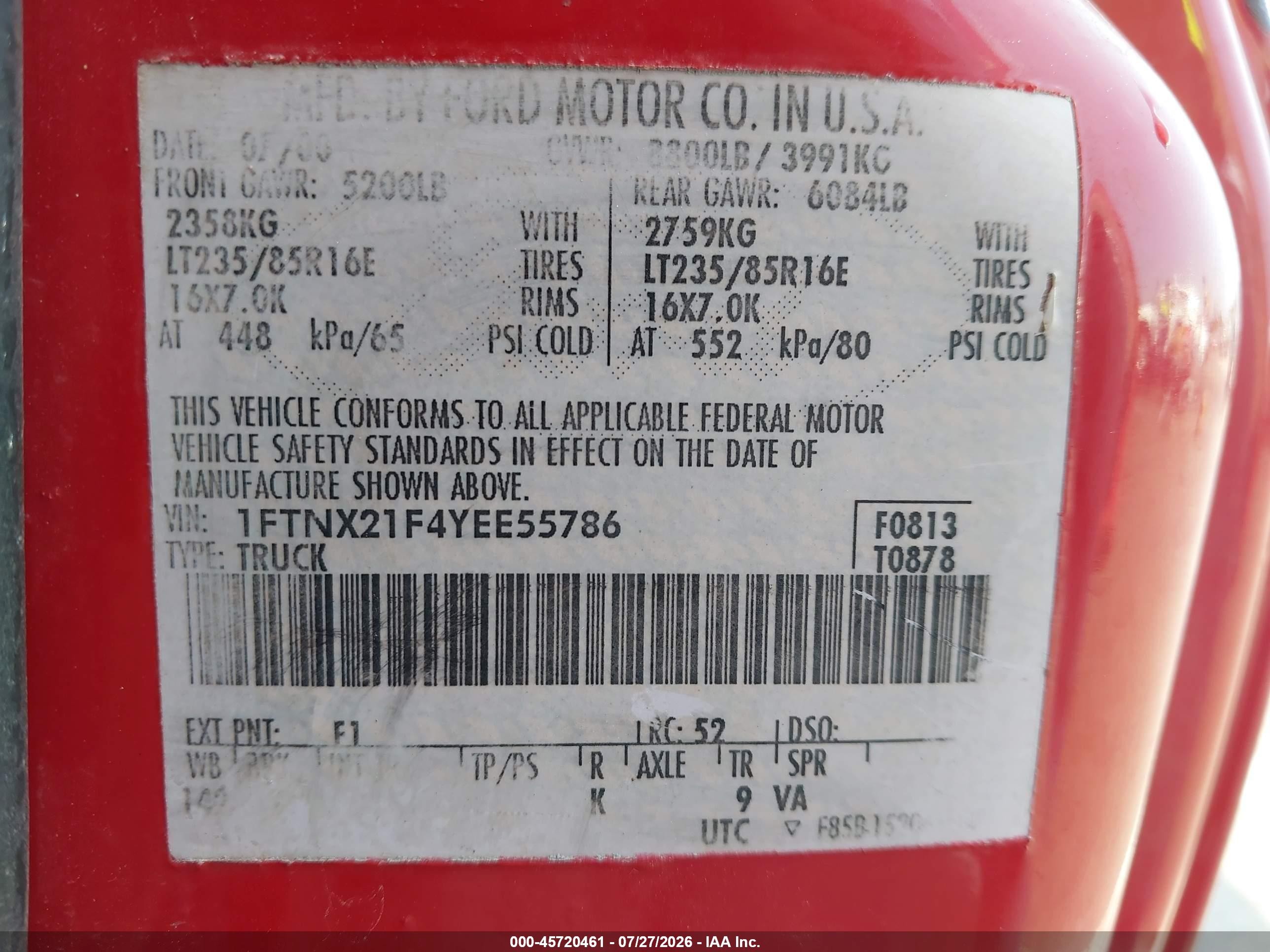 2000 Ford F-250 Lariat/xl/xlt Red vin: 1FTNX21F4YEE55786