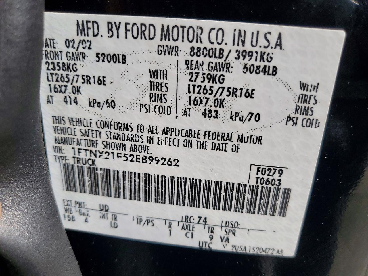 2002 Ford F250 Super Duty Black vin: 1FTNX21F52EB99262