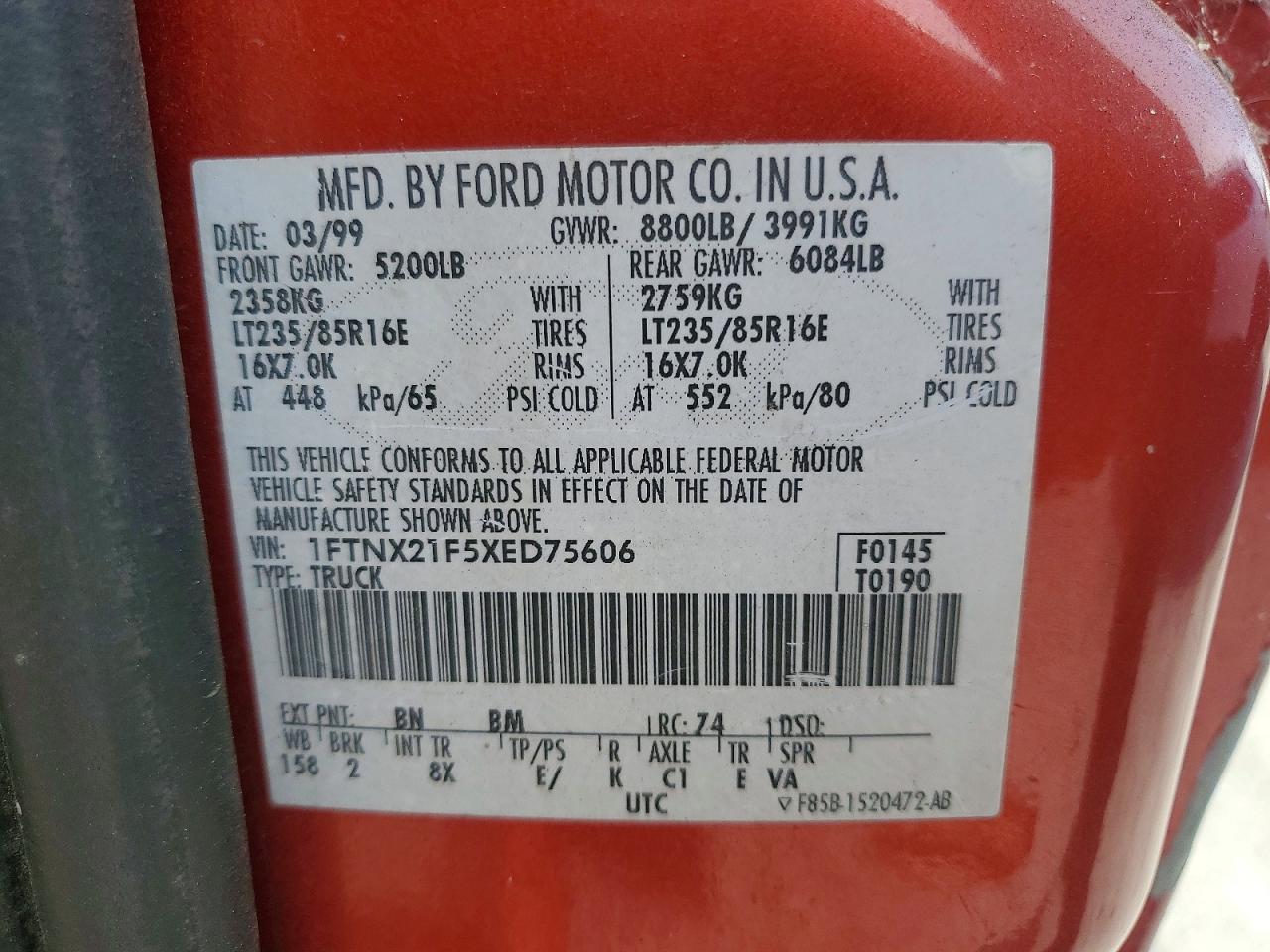 1999 Ford F250 Super Duty Red vin: 1FTNX21F5XED75606