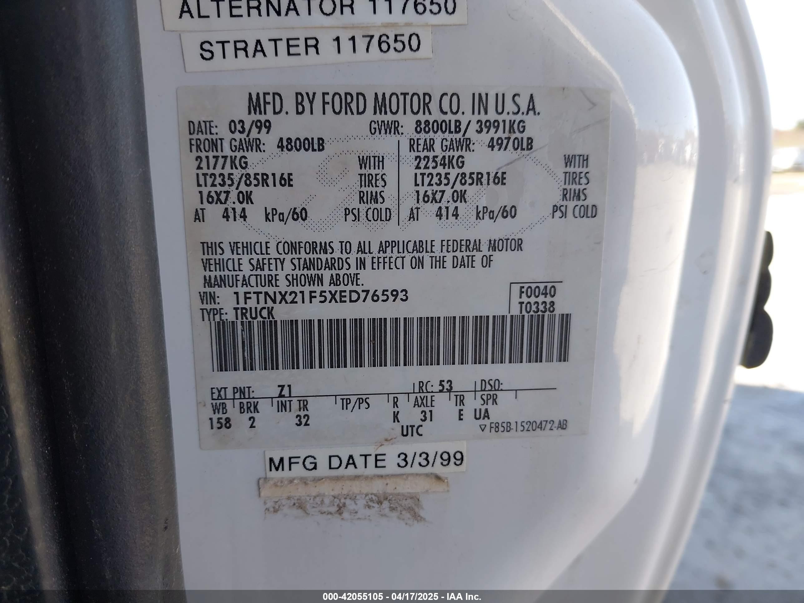 1999 Ford F-250 Lariat/xl/xlt Белый vin: 1FTNX21F5XED76593