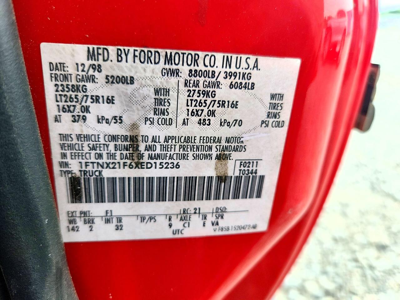 1999 Ford F250 Super Duty Red vin: 1FTNX21F6XED15236