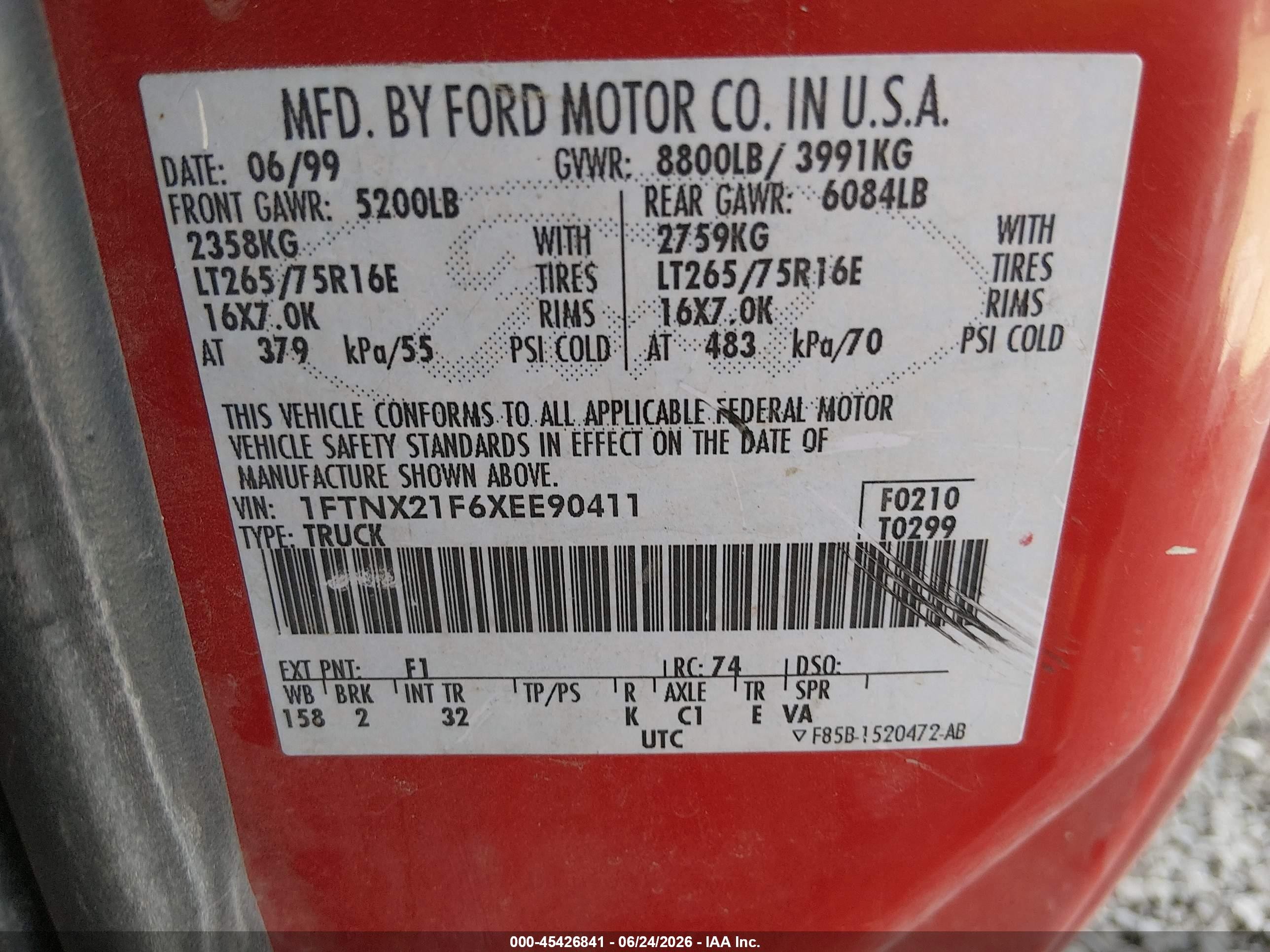 1999 Ford F-250 Lariat/xl/xlt Red vin: 1FTNX21F6XEE90411