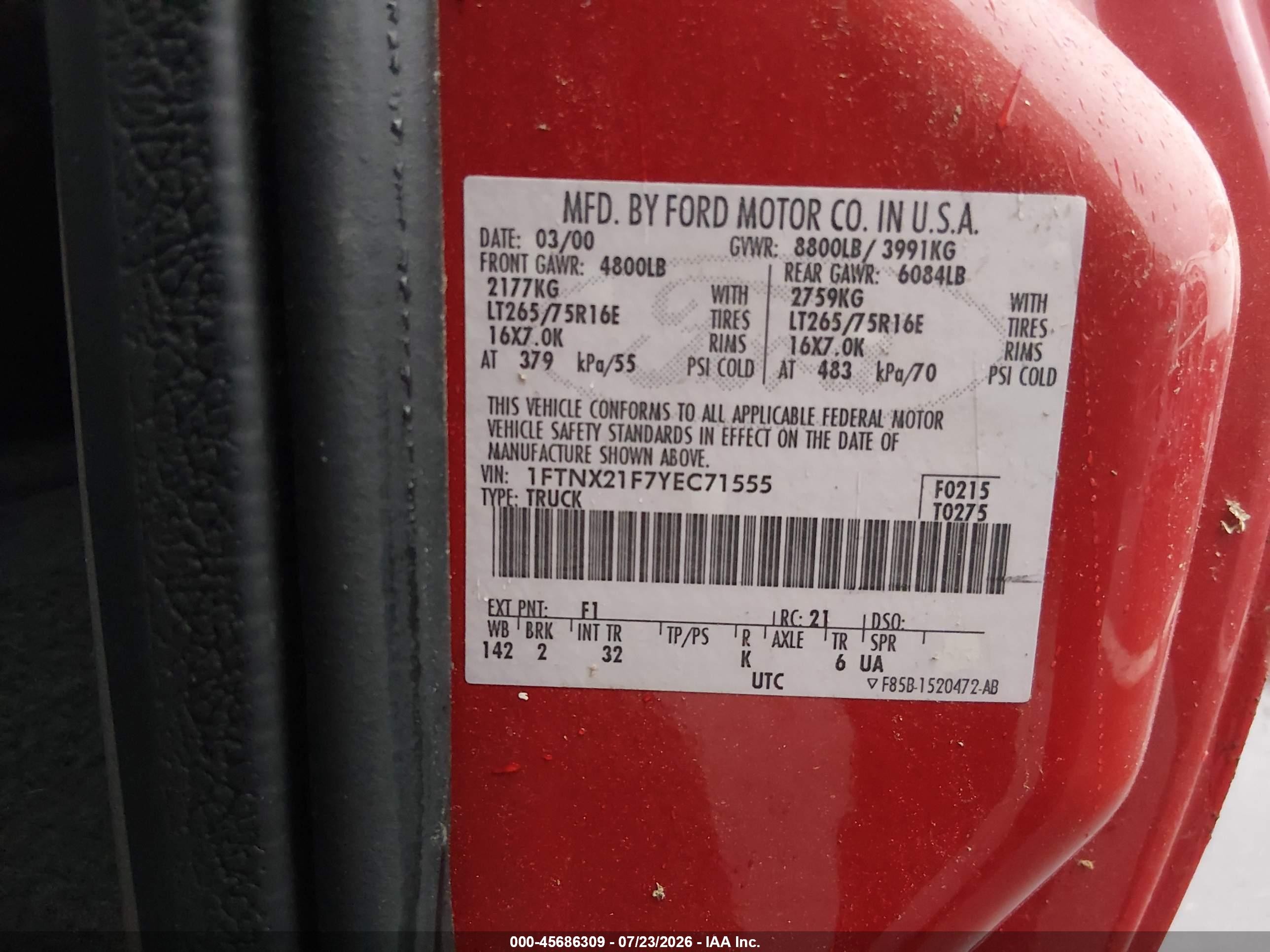 2000 Ford F-250 Lariat/xl/xlt Red vin: 1FTNX21F7YEC71555