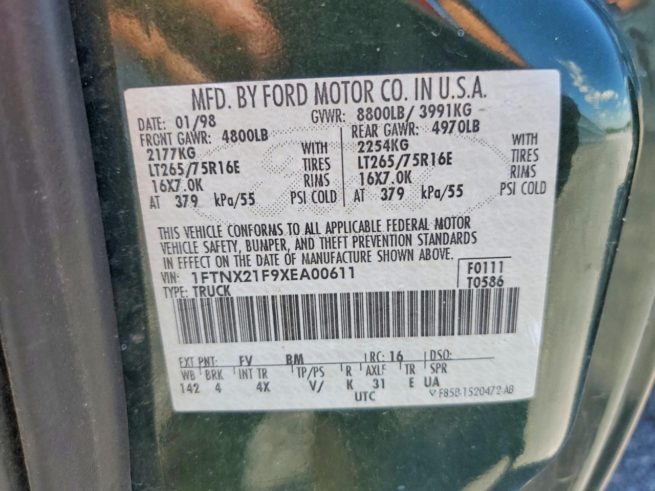 1999 Ford F250 Super Duty Green vin: 1FTNX21F9XEA00611